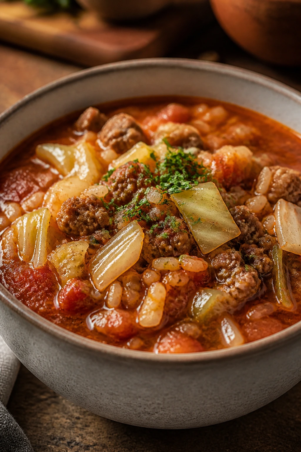 Close-up of a Cabbage Roll Soup bowl with beef cabbage and rice