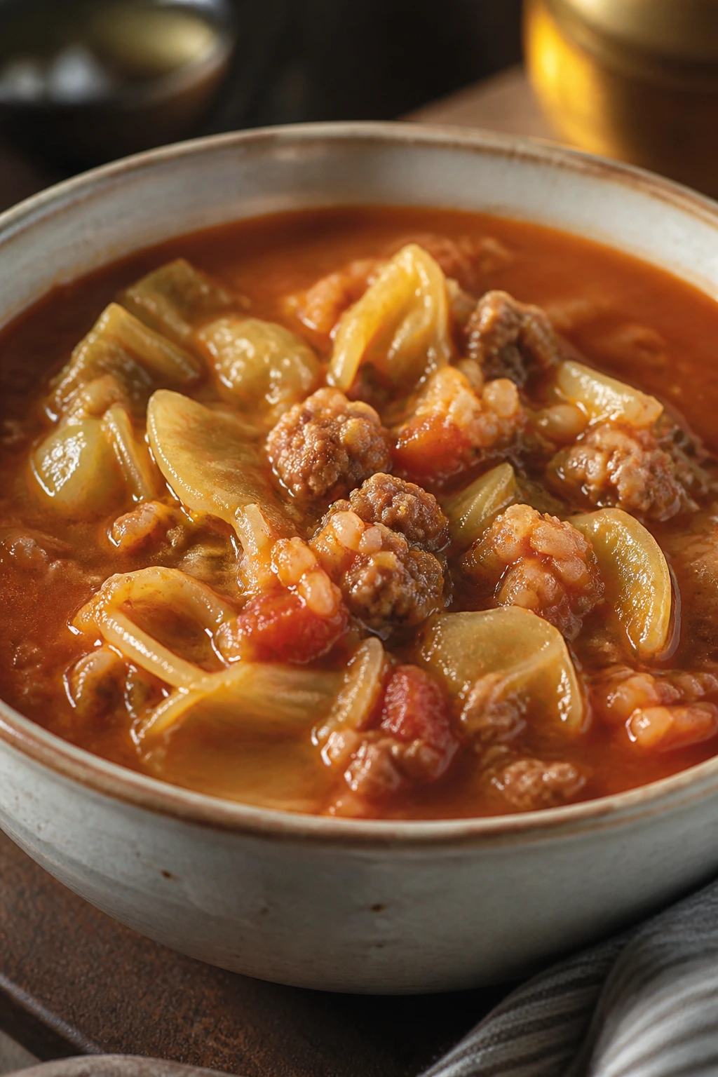 Close-up of cabbage roll soup with cabbage, beef, and rice