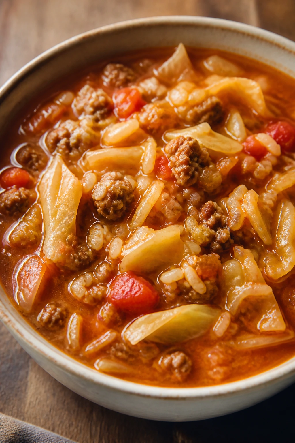 Hearty cabbage roll soup with cabbage and beef in a thick broth