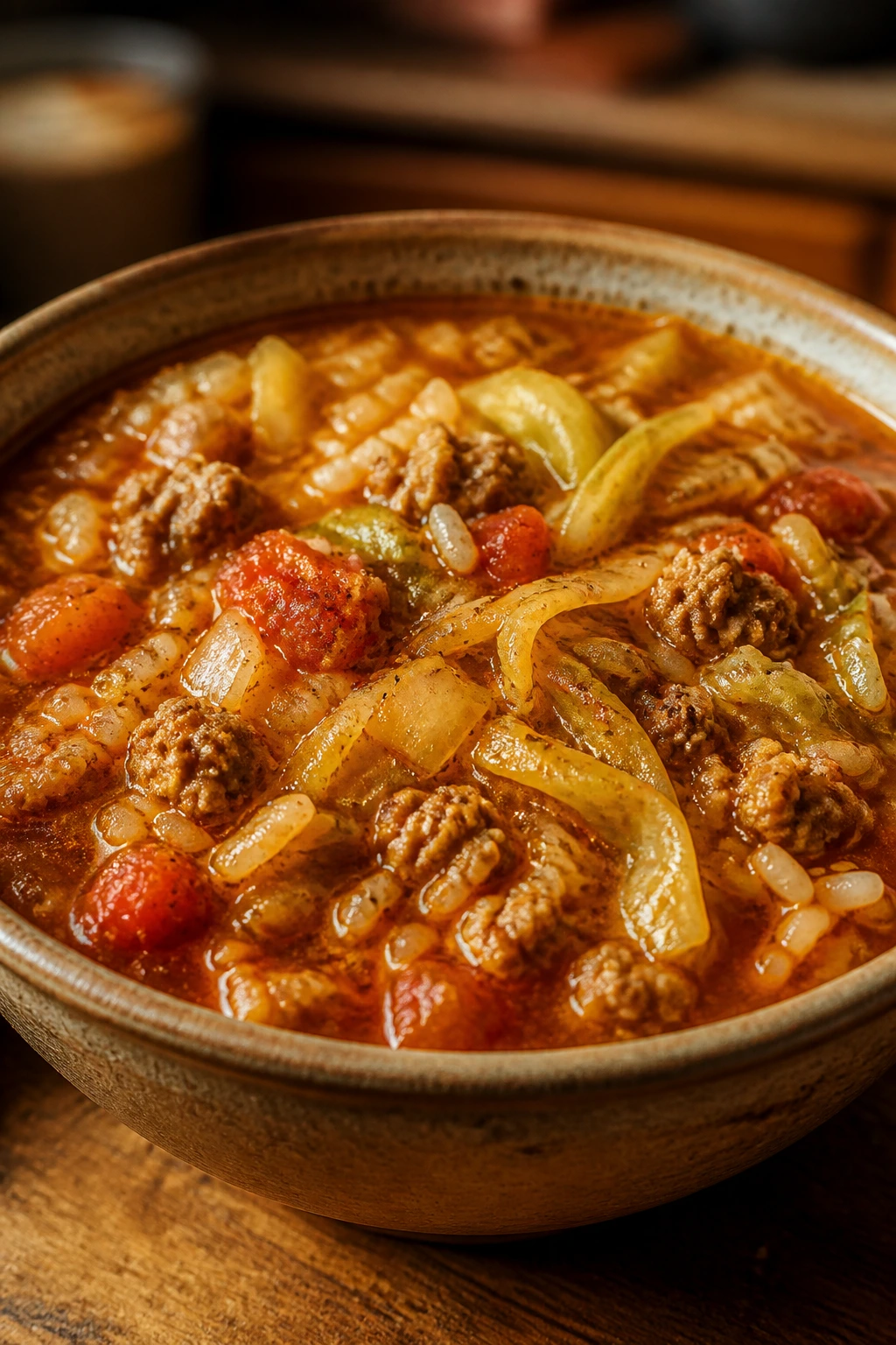 Close-up of cabbage roll soup with beef and rice in tomato broth