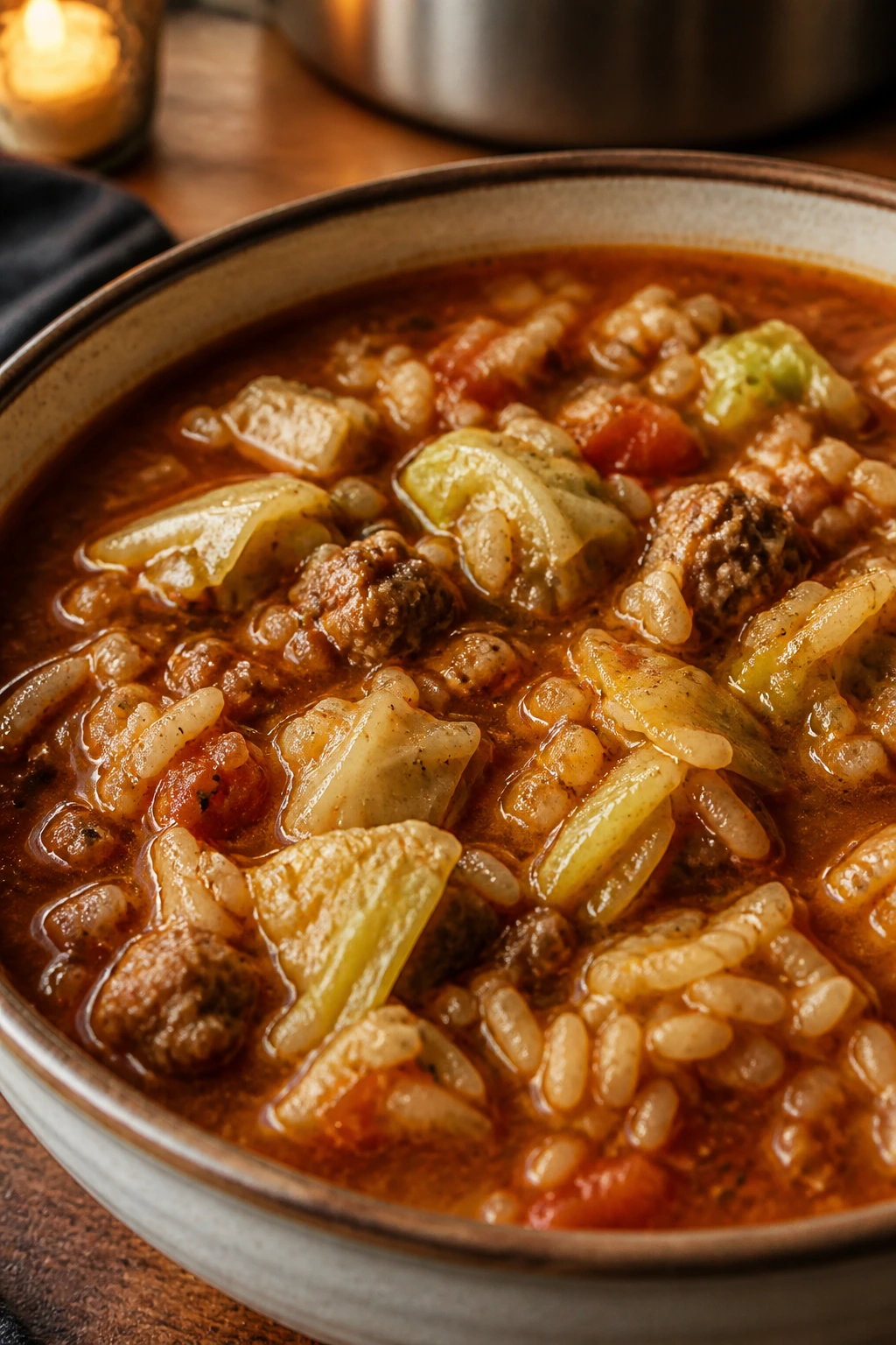 Hearty cabbage roll soup in tomato broth with beef and rice