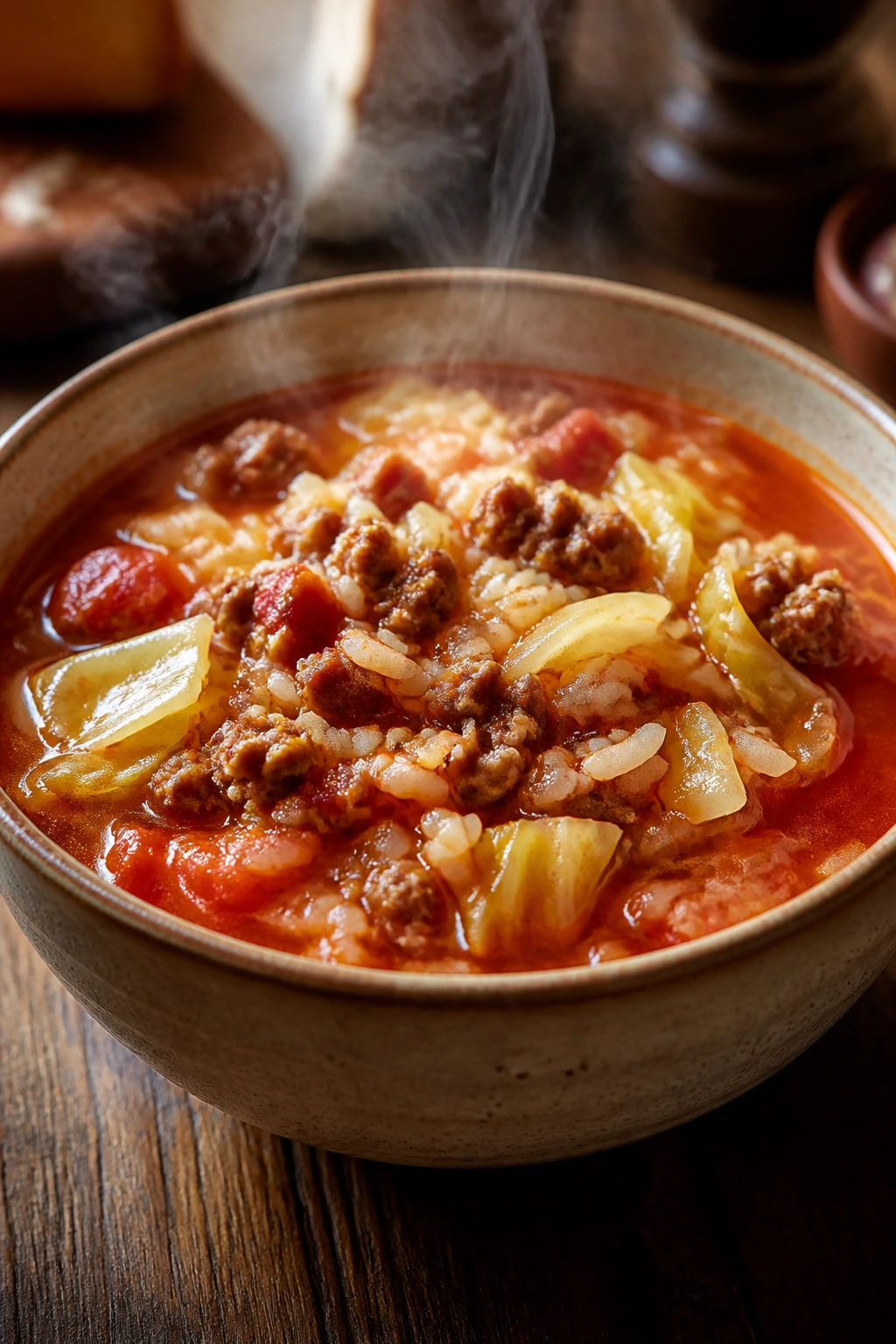 Bowl of cabbage roll soup with beef, cabbage, and rice in tomato broth.