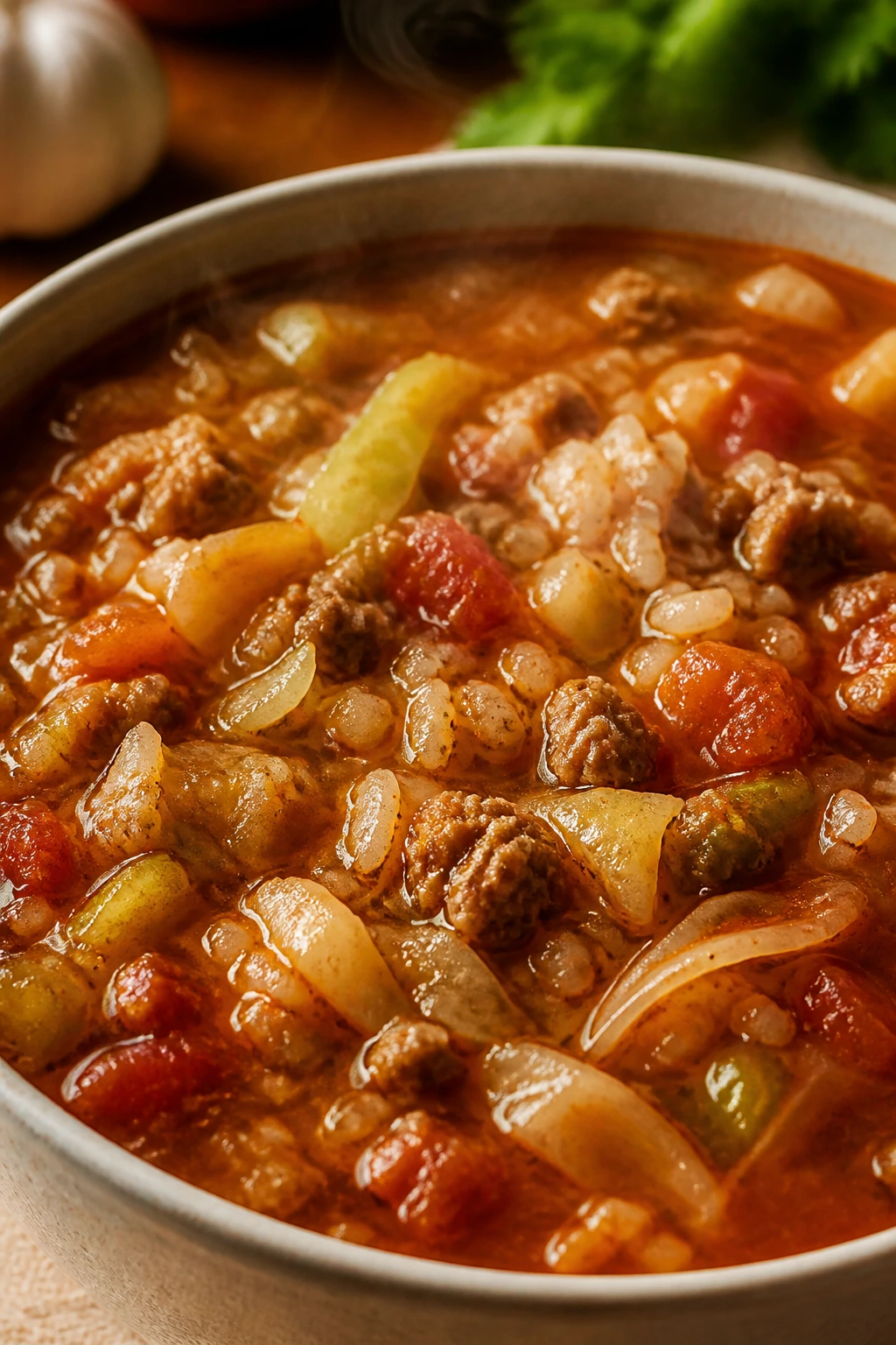 Hearty cabbage roll-inspired soup with beef, cabbage, and rice in a bowl