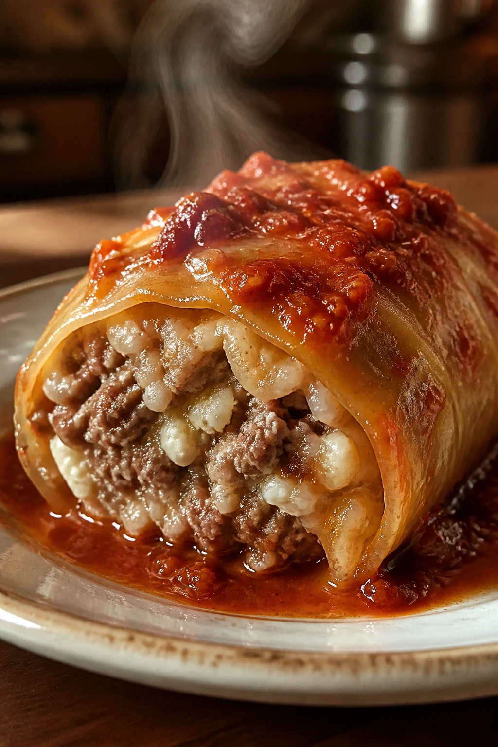 Cabbage roll filled with beef and cottage cheese on a plate