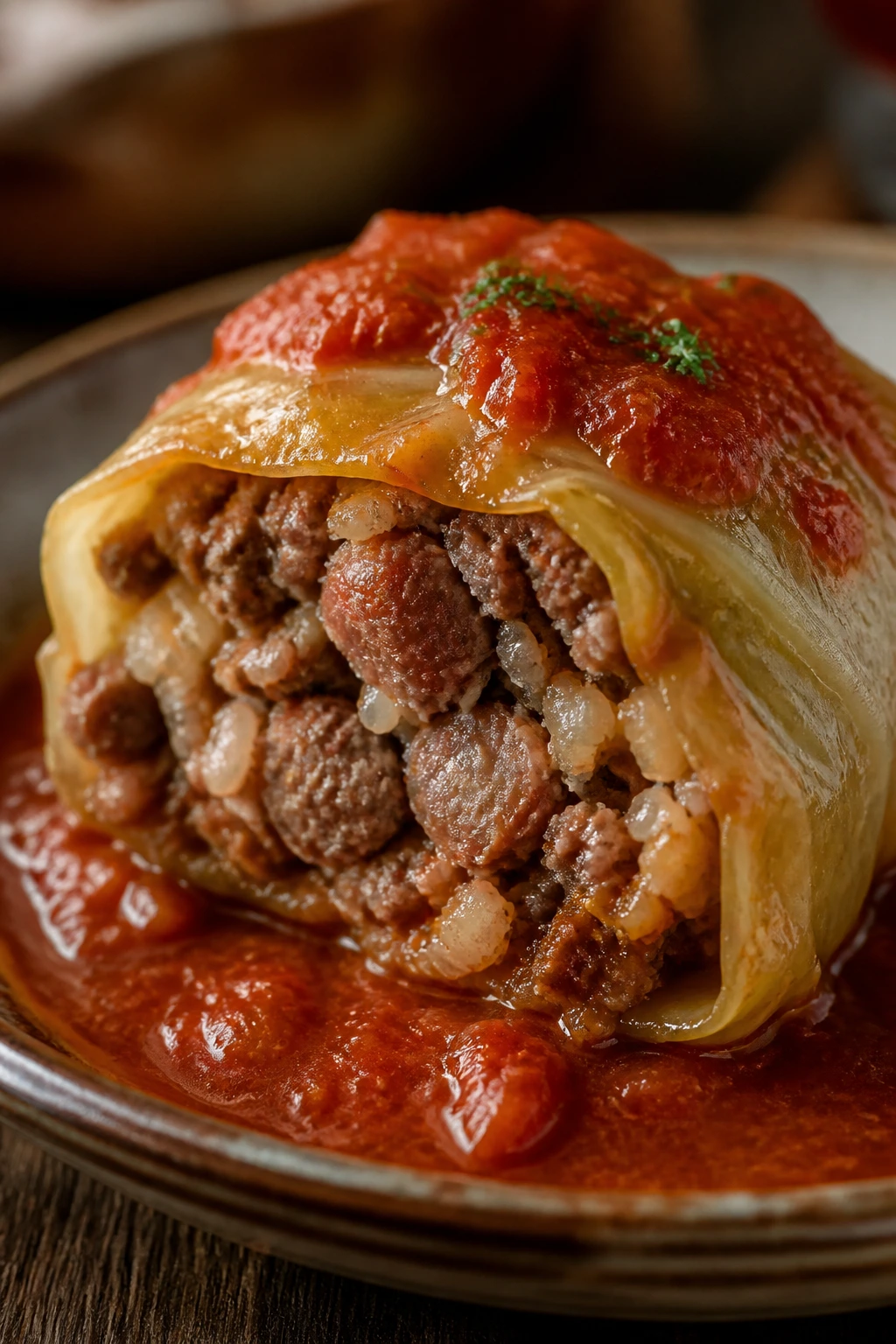 Cabbage roll with beef and sausage on plate