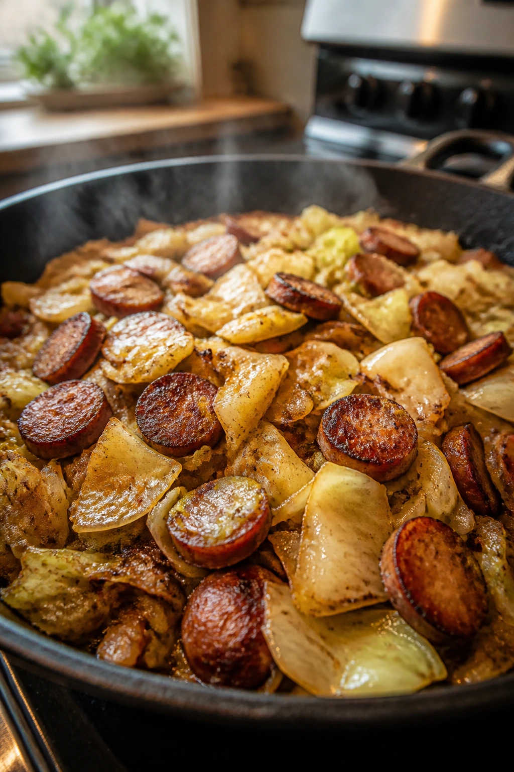 Close-up of cabbage and sausage skillet on a stove