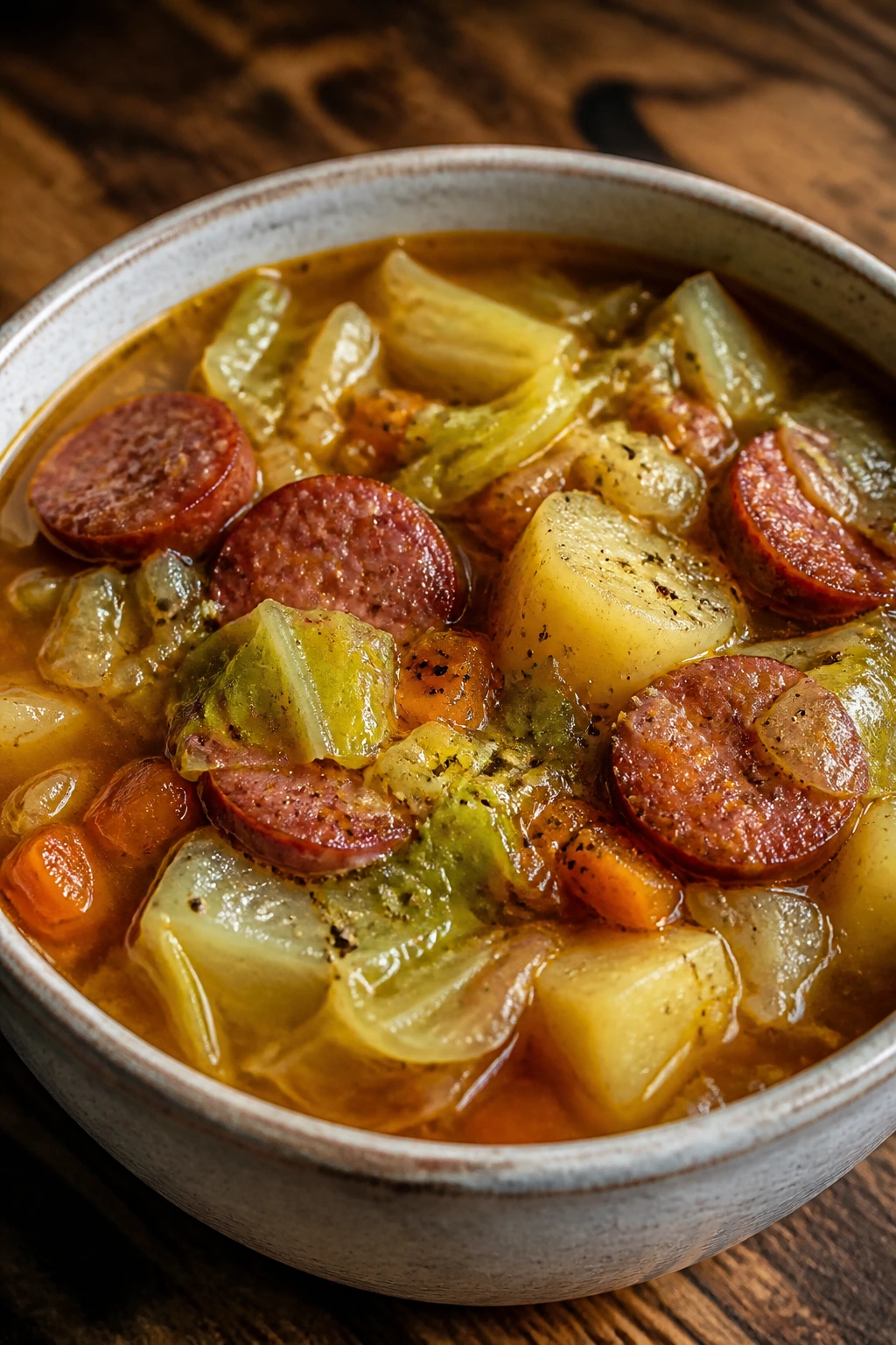 Close-up of cabbage and sausage soup in a bowl with sausage, cabbage, and potatoes.