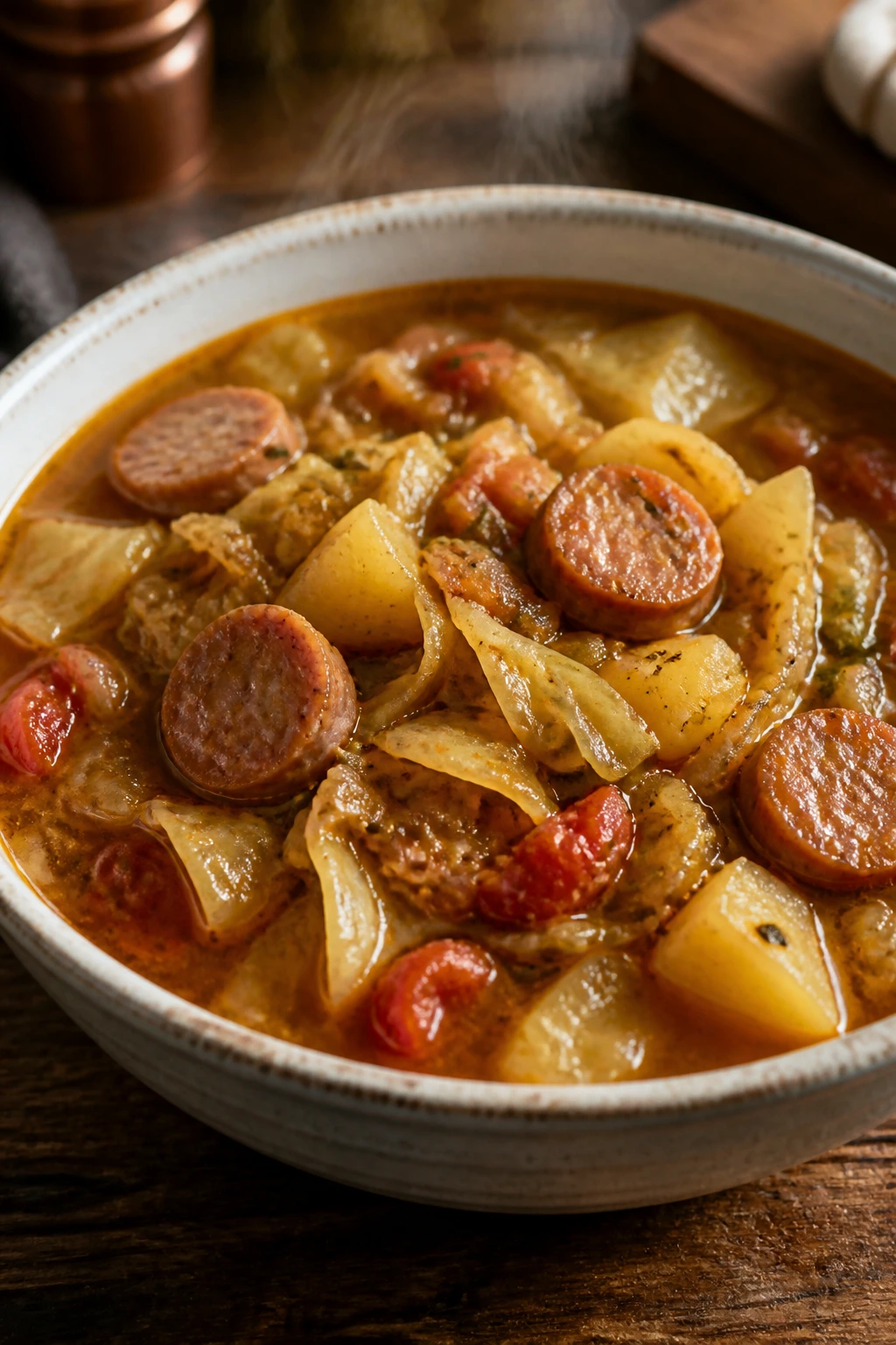 Steaming cabbage and sausage soup with sausage, cabbage, and tomatoes in a hearty broth.