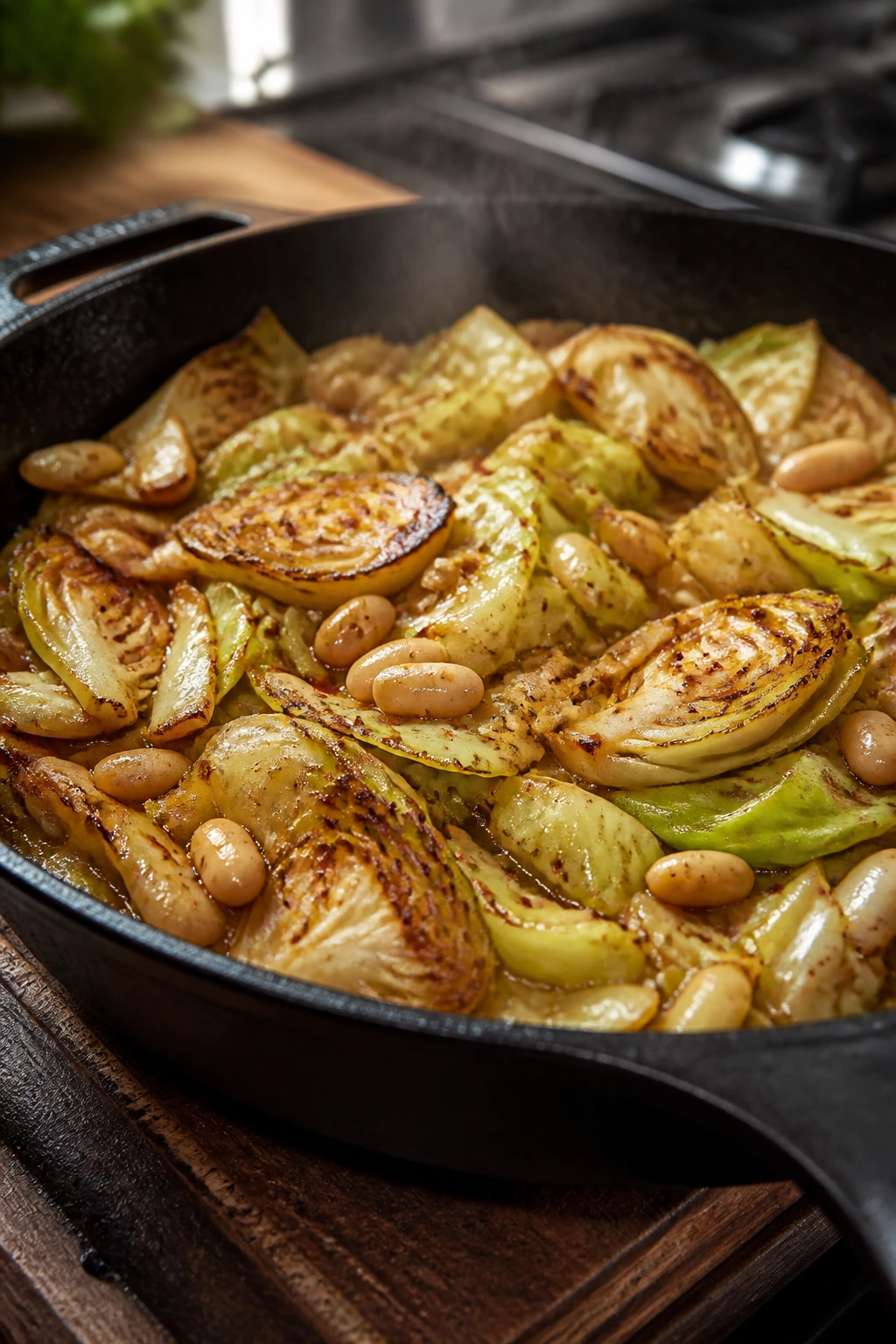 Close-up of browned cabbage and white beans in a skillet