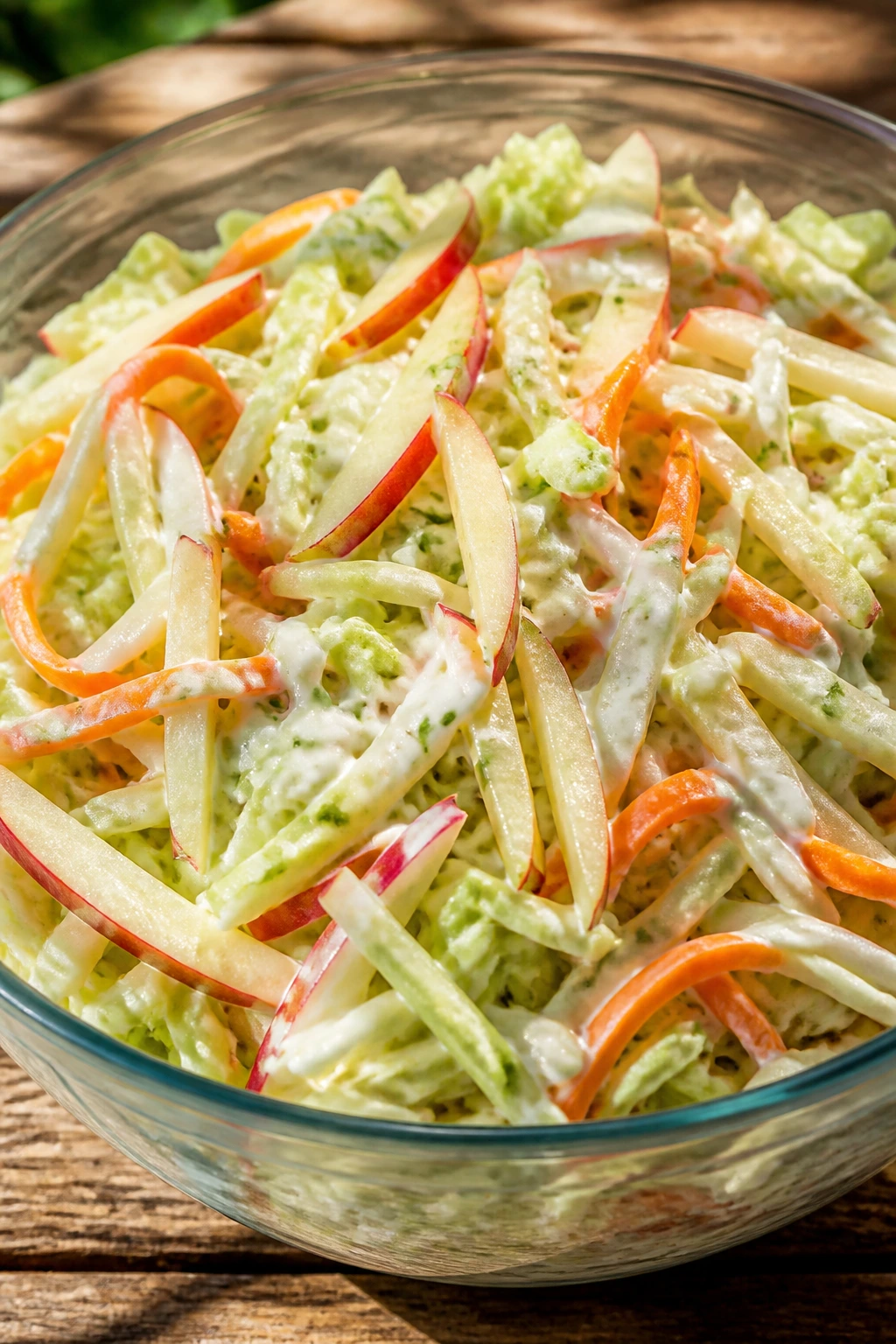 Close-up of crisp cabbage and apple slaw with yogurt-lime dressing in a bowl