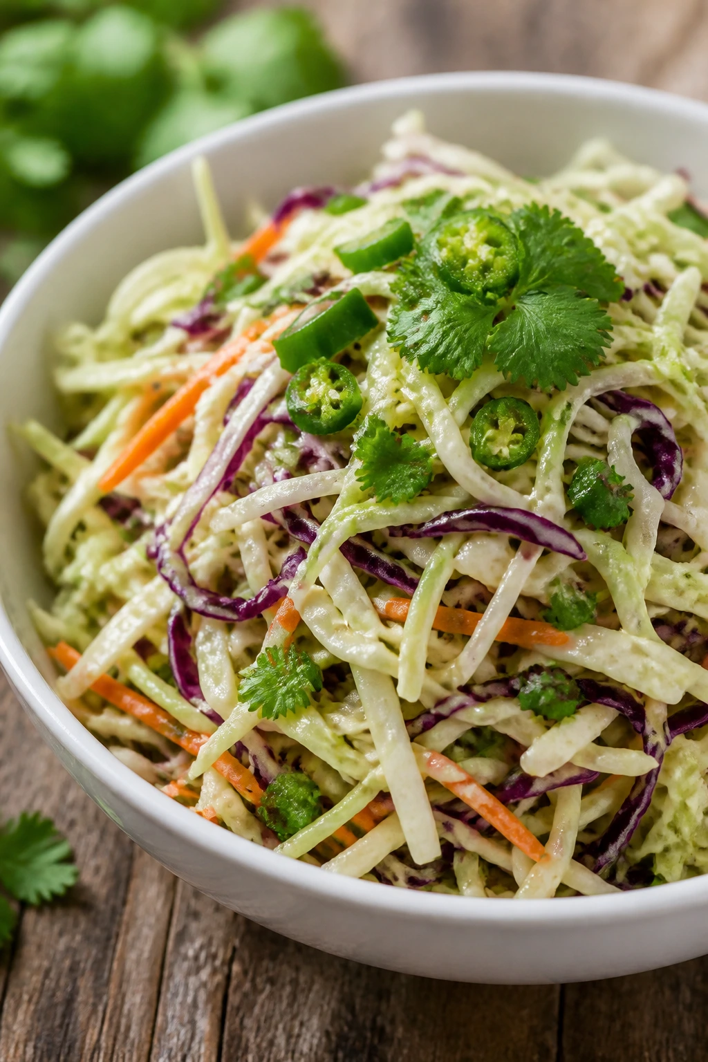 Cabbage slaw with cilantro and jalapeño on top in a bowl
