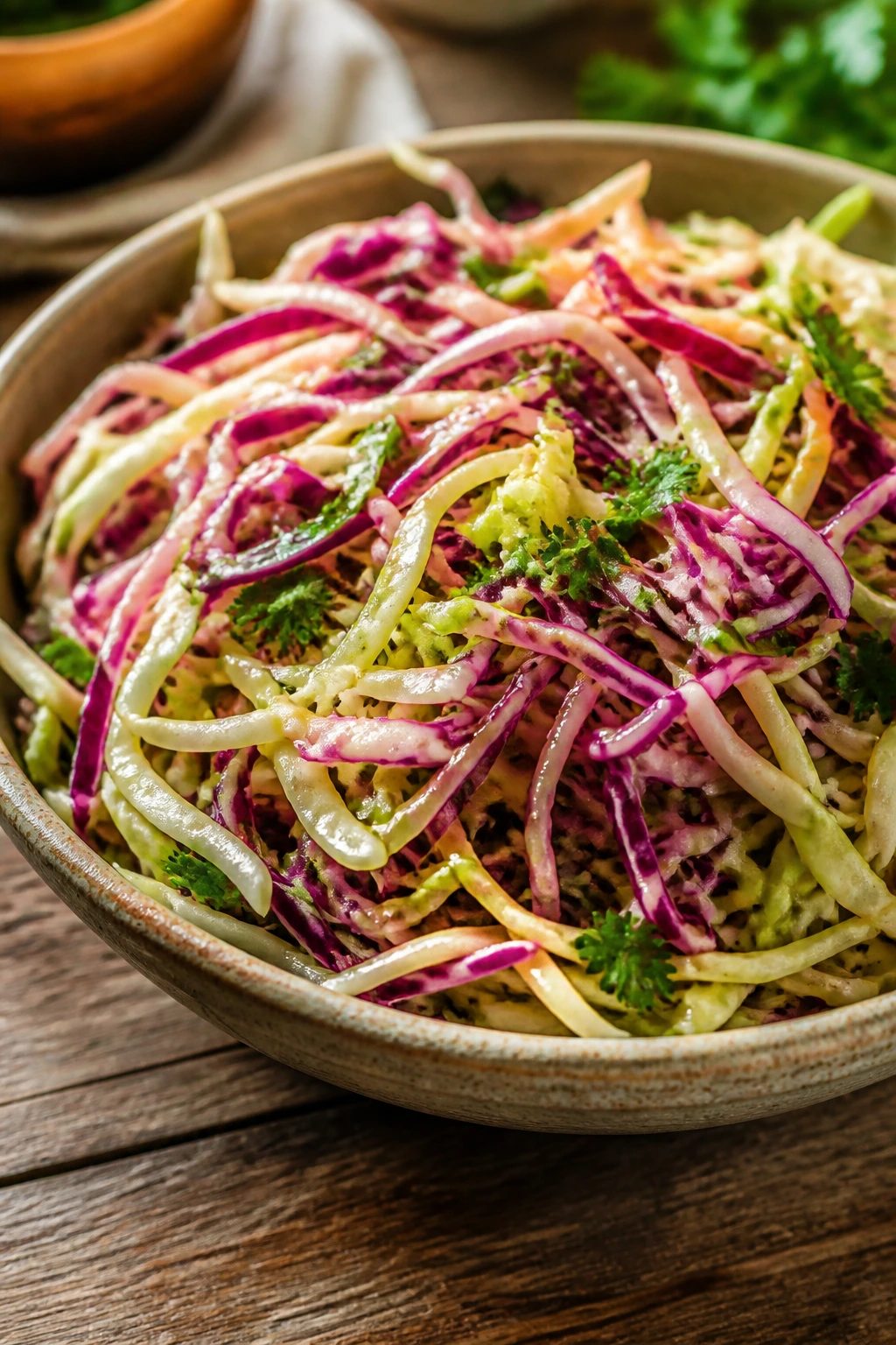 Cabbage slaw stays crisp and bright in a bowl