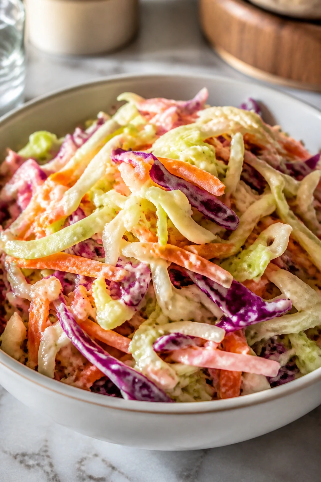 Cabbage slaw in a serving dish with crisp texture