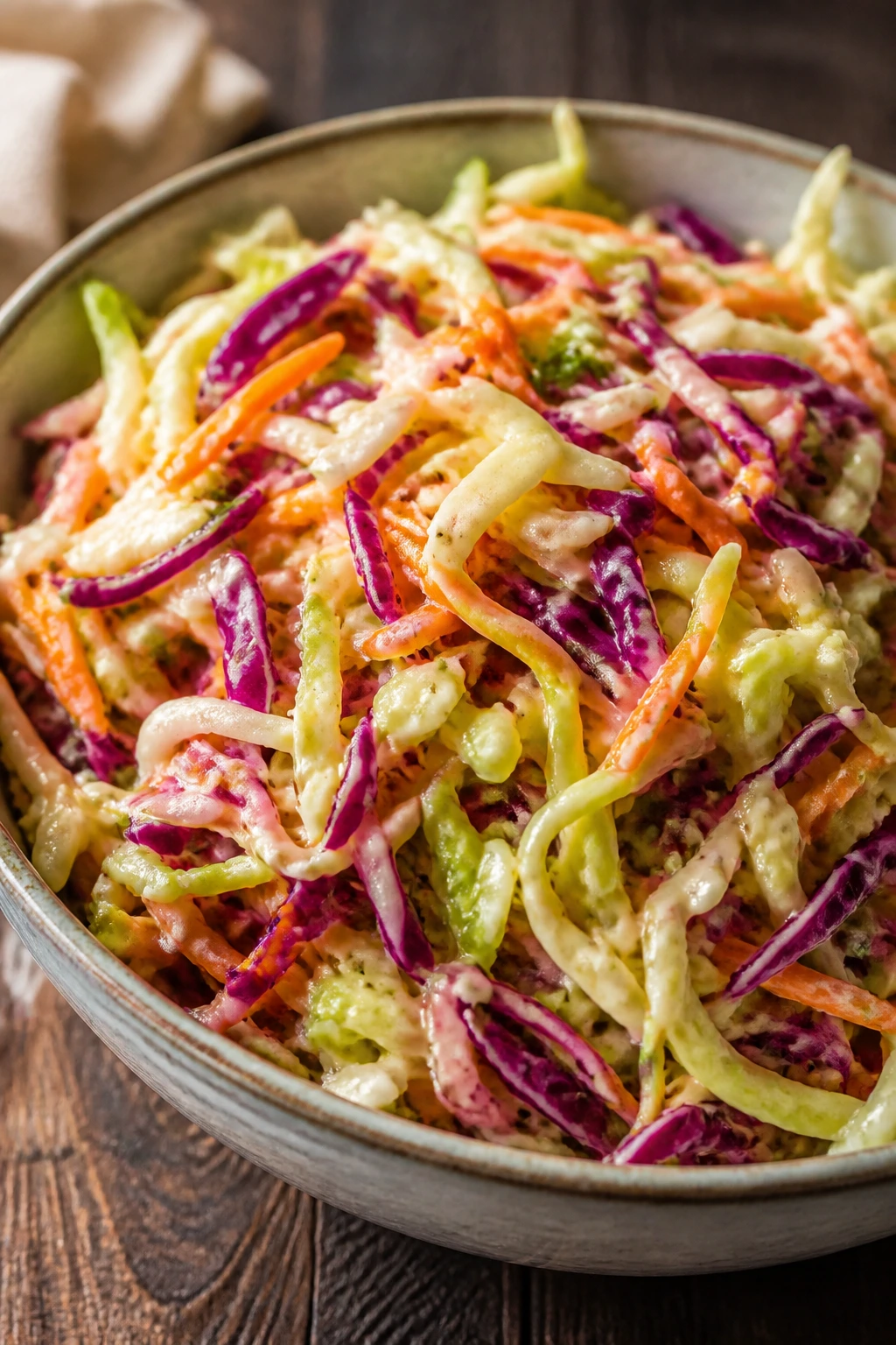 Close up of crisp cabbage slaw with tangy dressing in a bowl