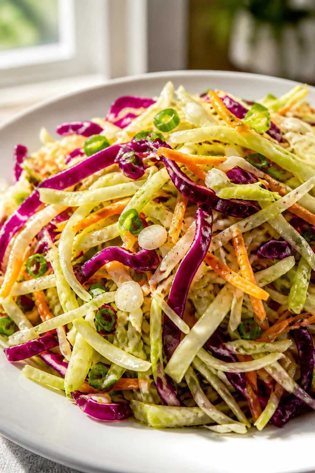 Cabbage slaw on plate with bright dressing in a sunlit kitchen.