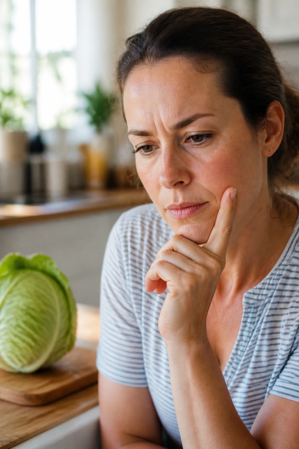 Portrait of a thoughtful cook in a bright kitchen planning cabbage slaw, close-up.
