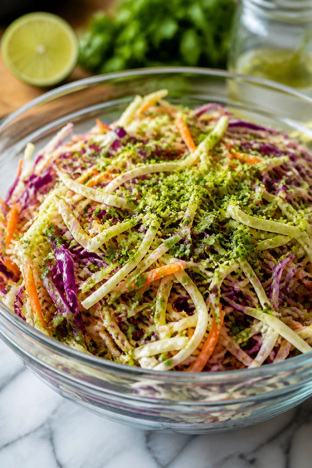 Cabbage slaw with lime zest on top in a glass bowl
