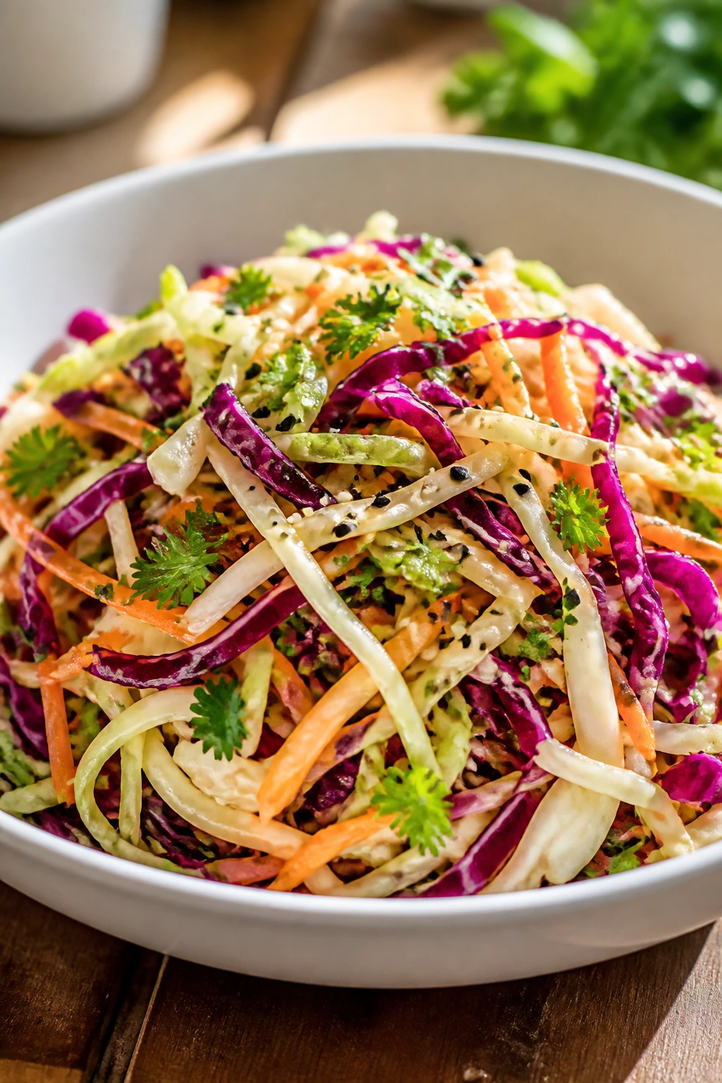 Cabbage slaw served in a shallow bowl with herbs on a wooden table