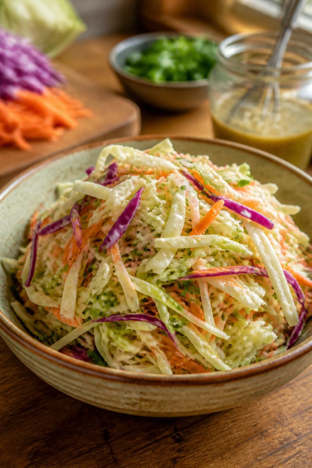 Close-up of crisp shredded cabbage slaw with carrots in a rustic bowl on a wooden counter