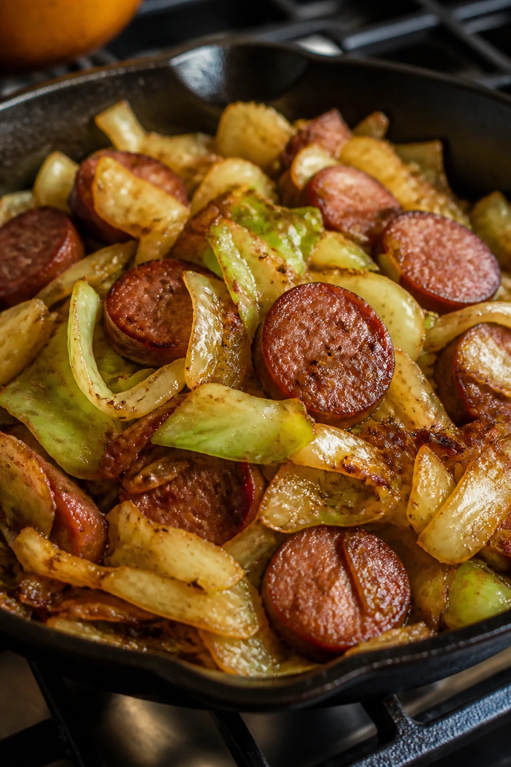 Skillet of cabbage and smoked sausage