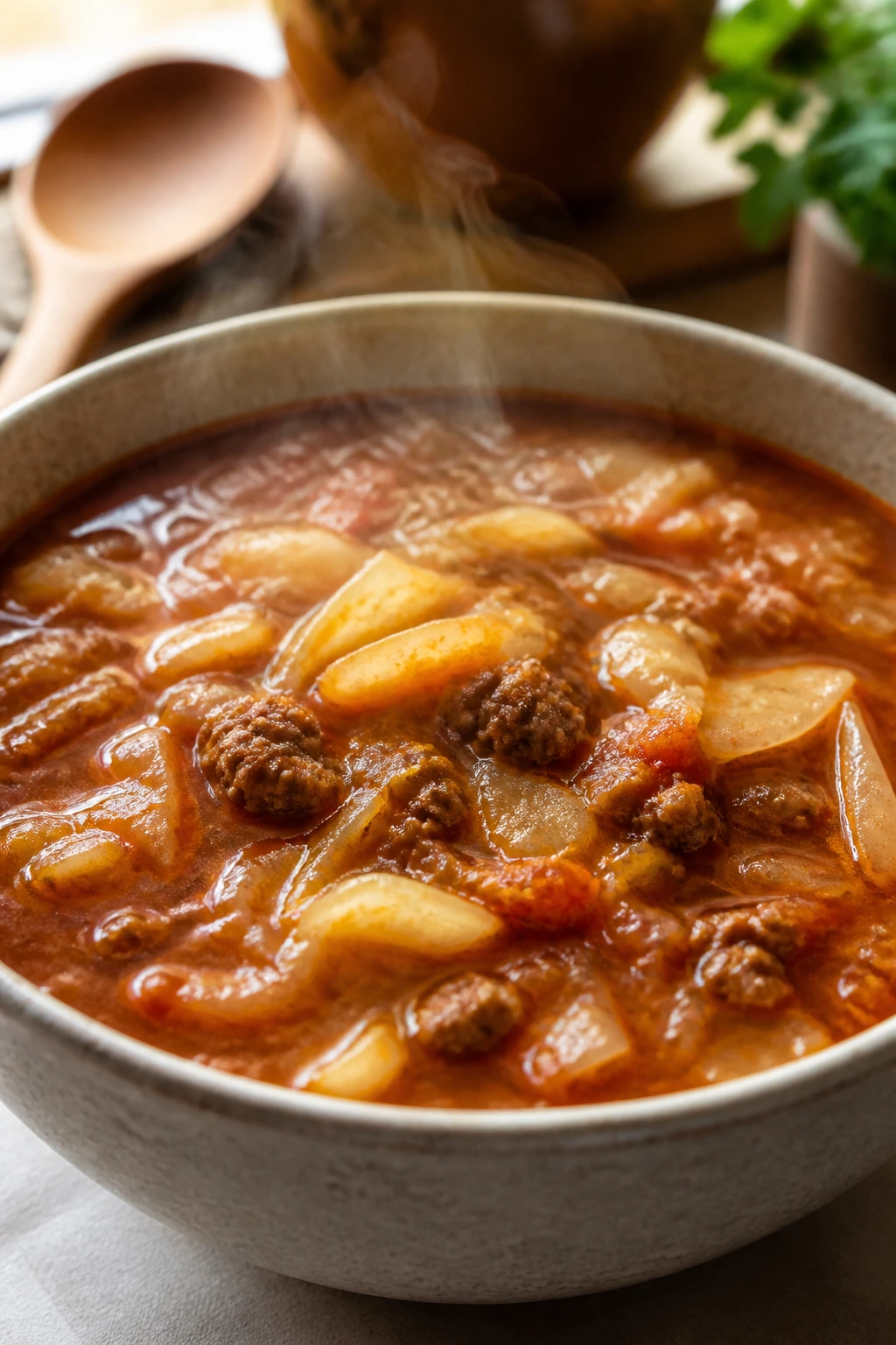 Close-up of cabbage roll soup with cabbage pieces in tomato-beef broth on a kitchen counter