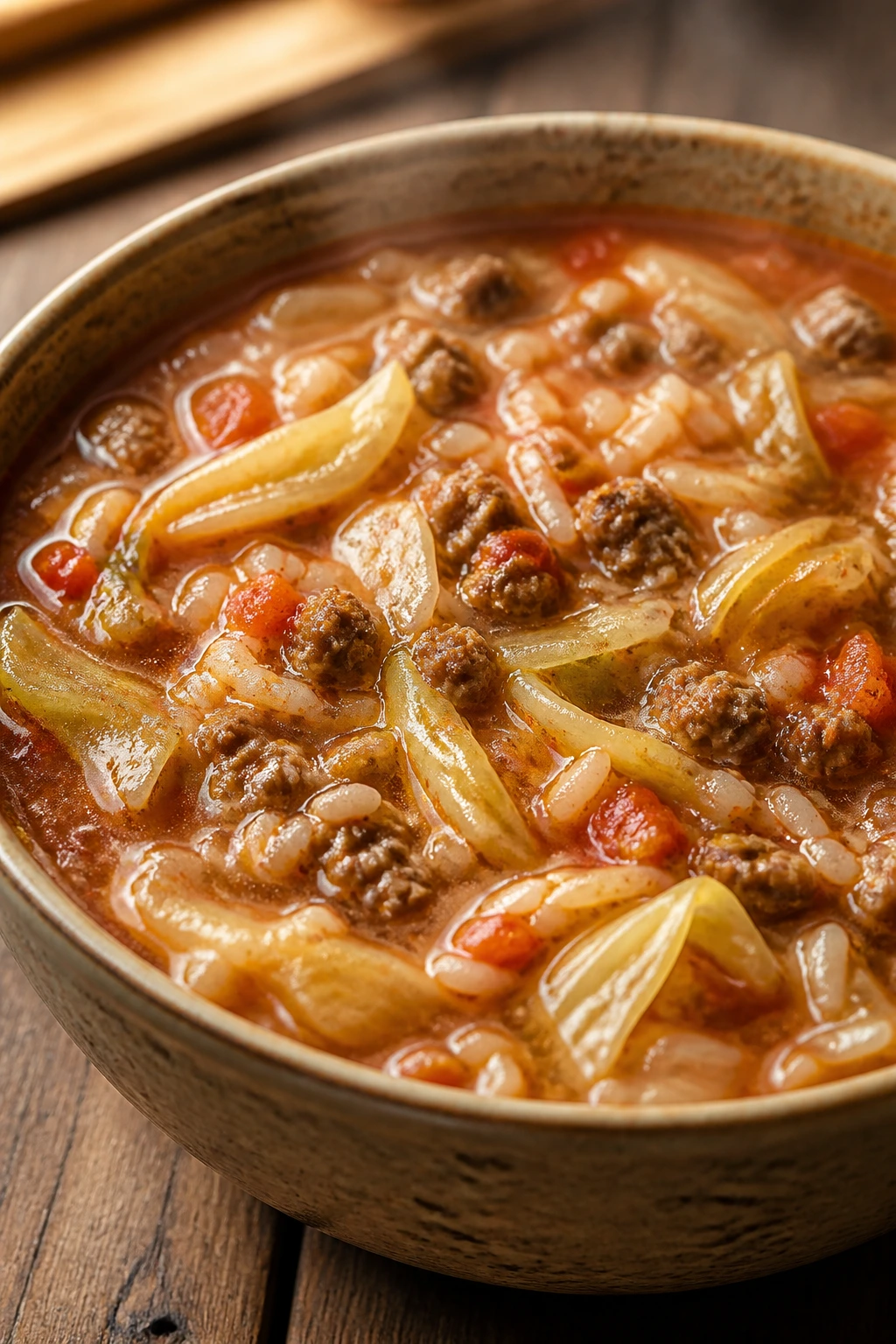 Close-up of a steaming bowl of cabbage roll soup with beef and rice