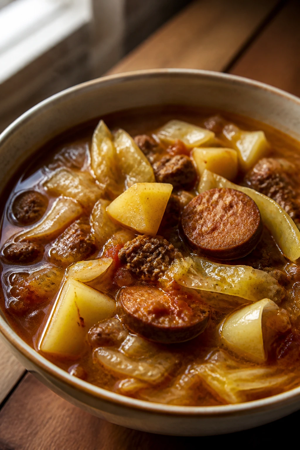 Steaming bowl of cabbage soup with beef and sausage, potatoes visible