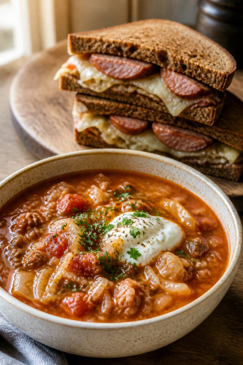 Cabbage roll soup with sausage rye sandwich on rustic board