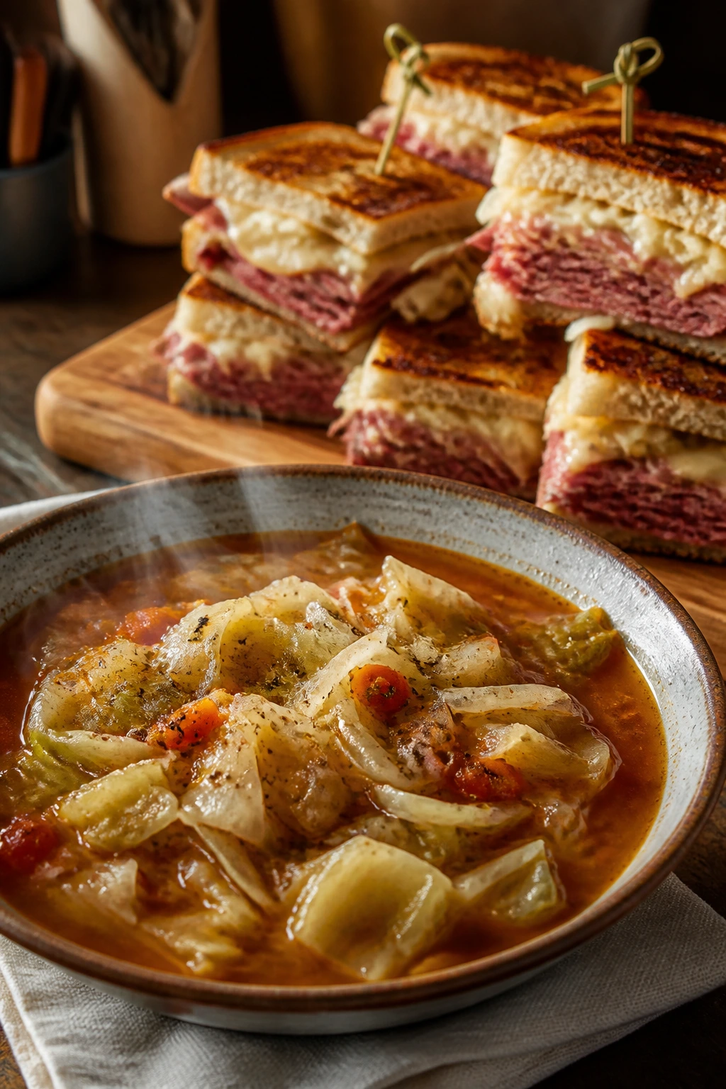 Cabbage soup with Reuben sliders on a wooden board