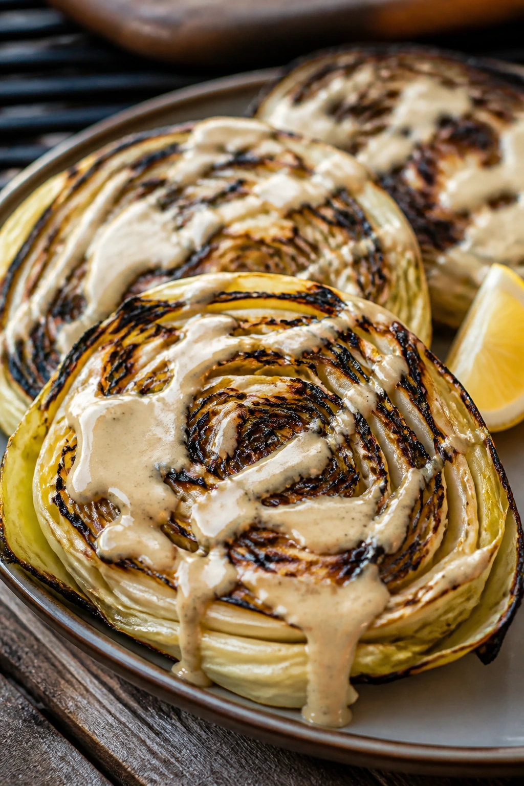 Charred cabbage steaks with tahini lemon drizzle on plate