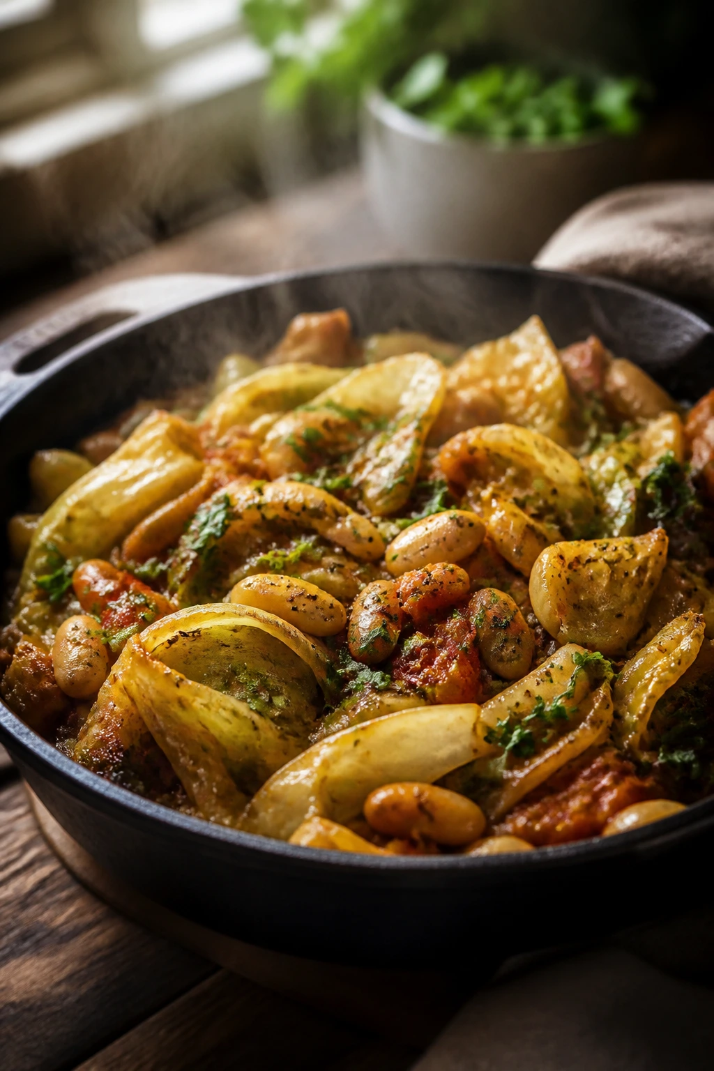 Cabbage-based dish in skillet showing variation with beans and herbs
