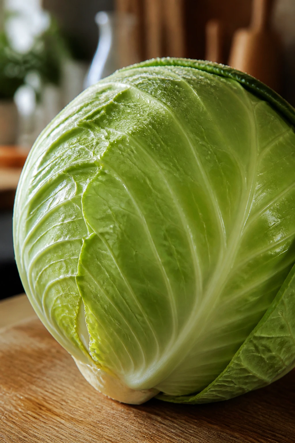 Close-up of fresh green cabbage head on cutting board