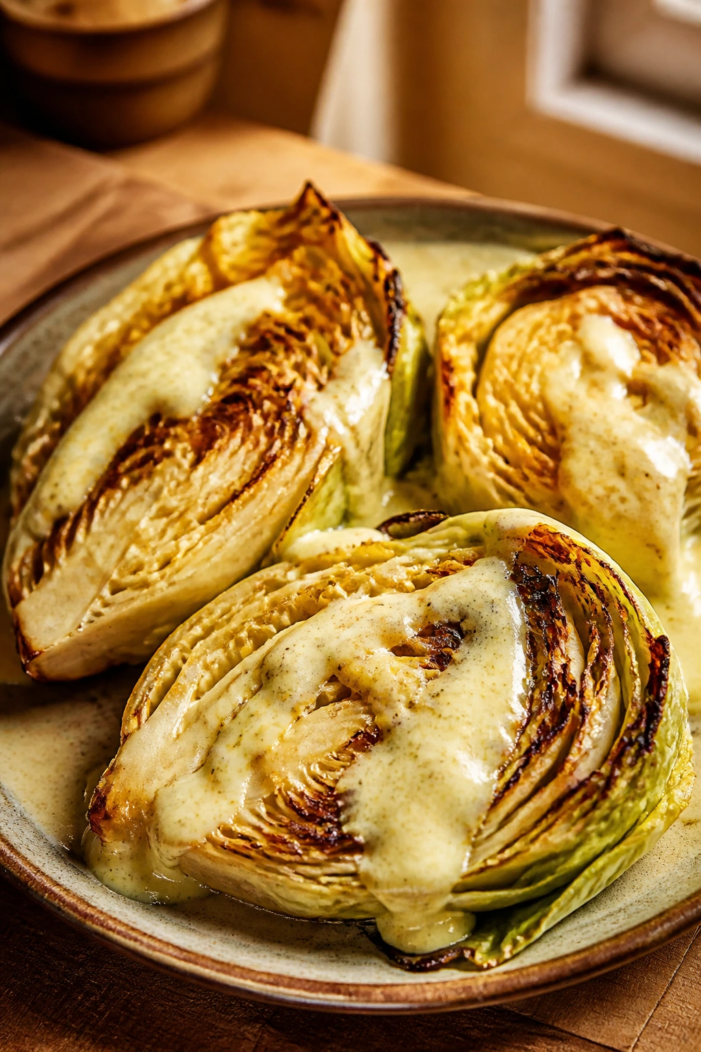Close-up of cabbage wedges with curry yogurt on a rustic plate