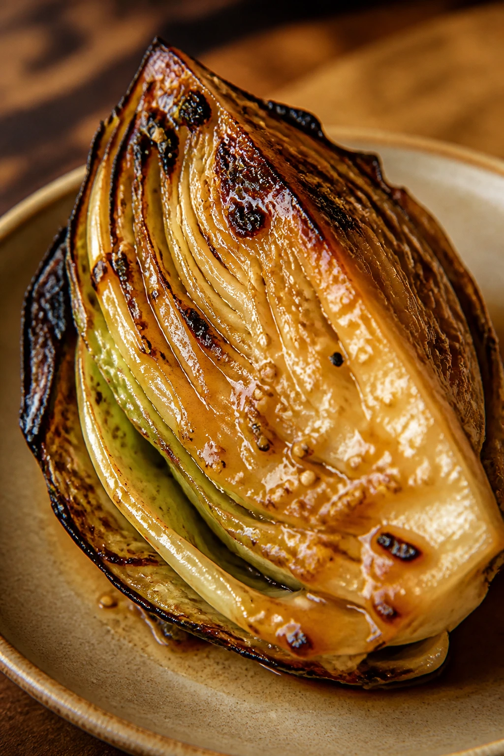 Cabbage wedge with miso butter glaze on plate