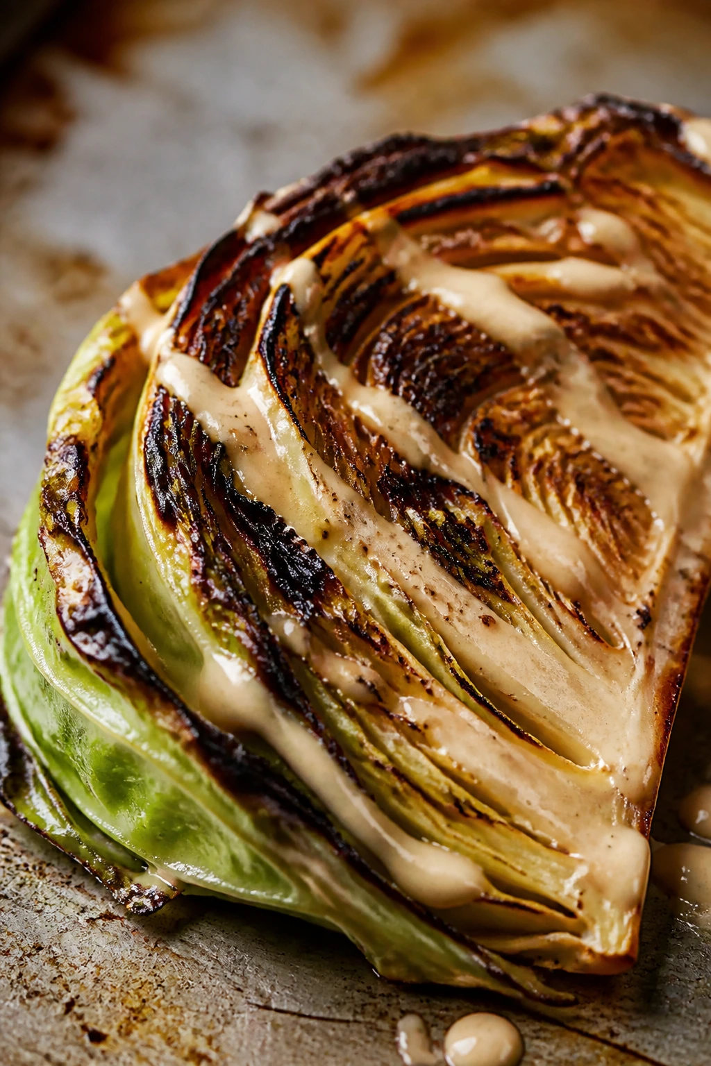 Charred cabbage wedge with tahini drizzle in a warm kitchen.