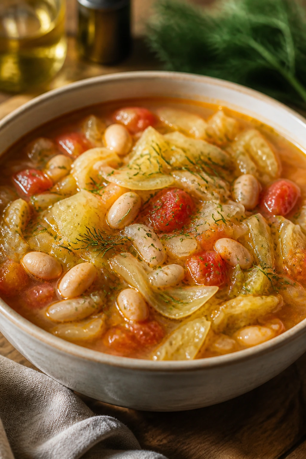 Close-up of Cabbage and White Bean Soup with cabbage and beans in a rustic bowl