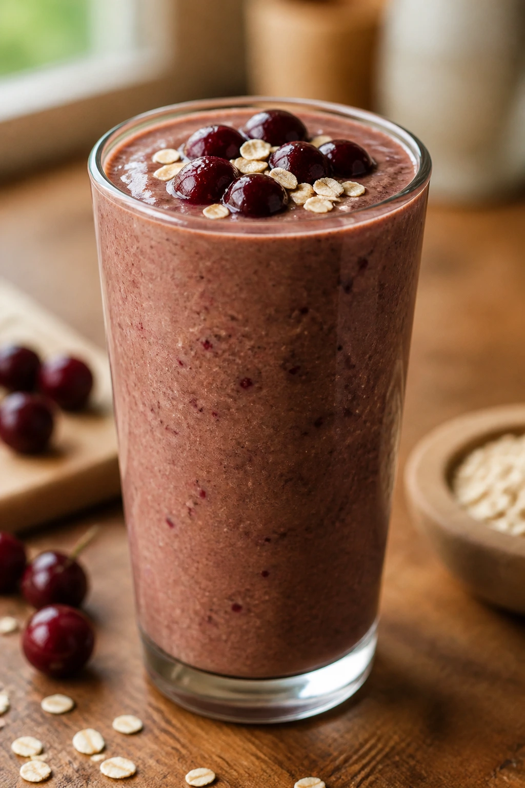 Close-up of a thick cacao cherry oatmeal smoothie in a glass on a wooden counter