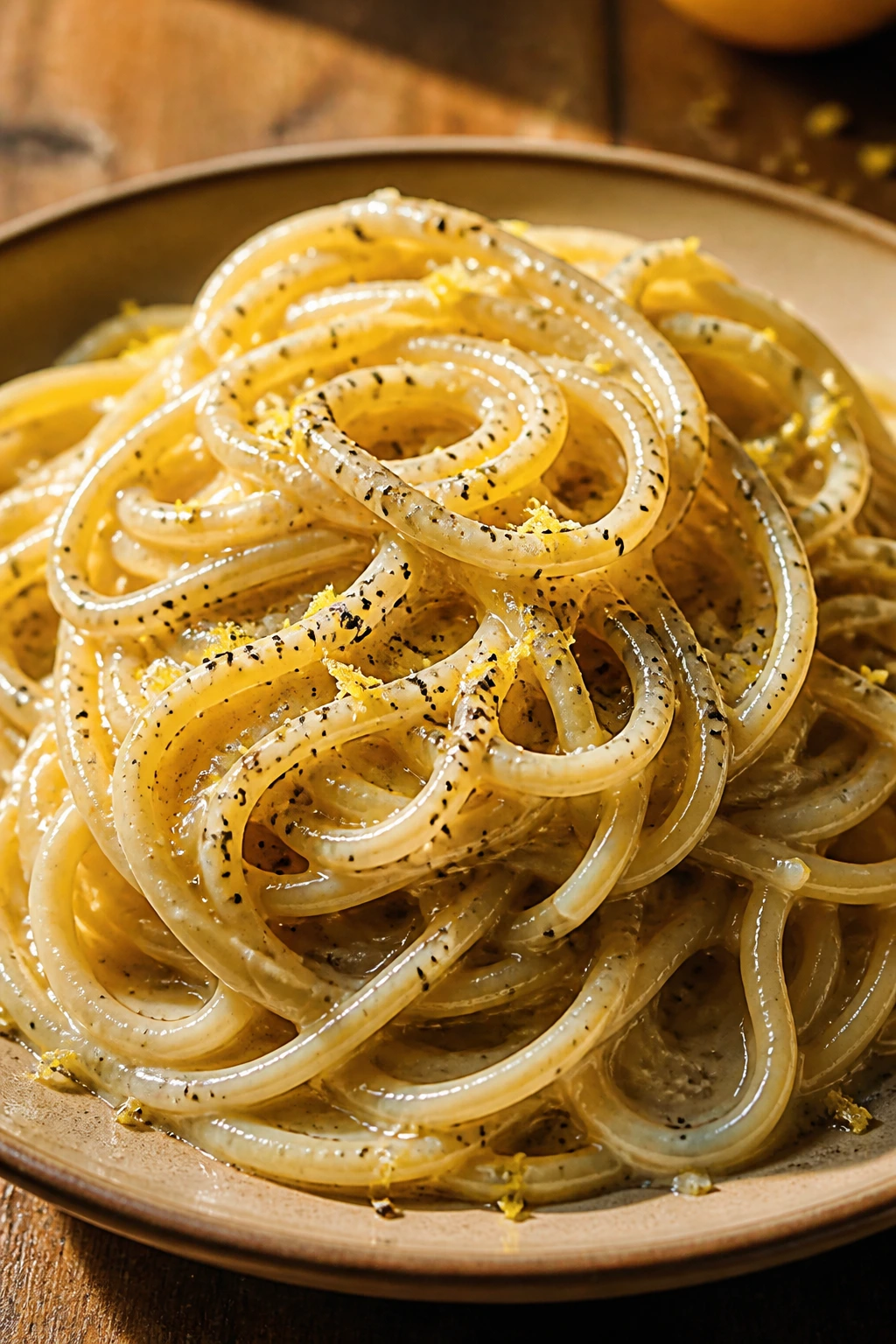 Close-up of peppery Cacio e Pepe pasta with lemon zest