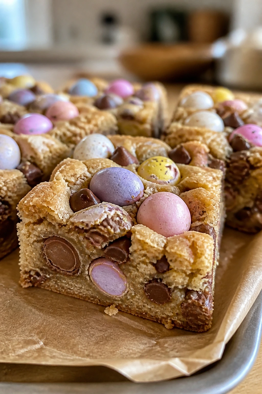 Blondie bar with Cadbury mini eggs on parchment