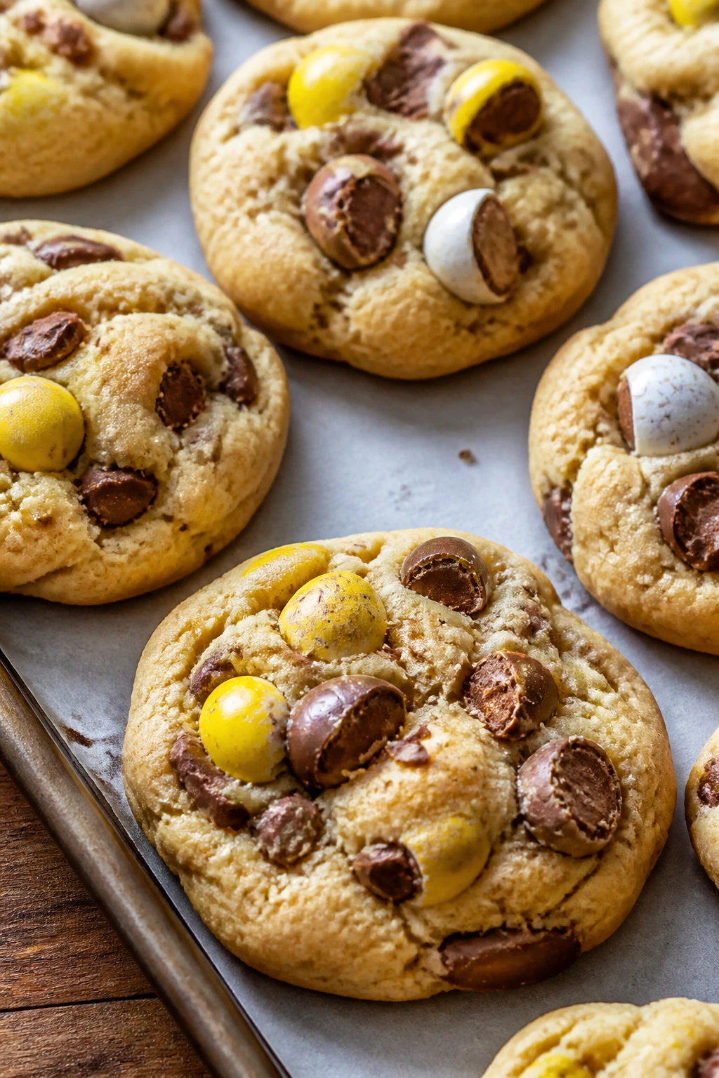 Close-up of Cadbury Egg Chunk Cookies with yellow candy eggs and chocolate chips