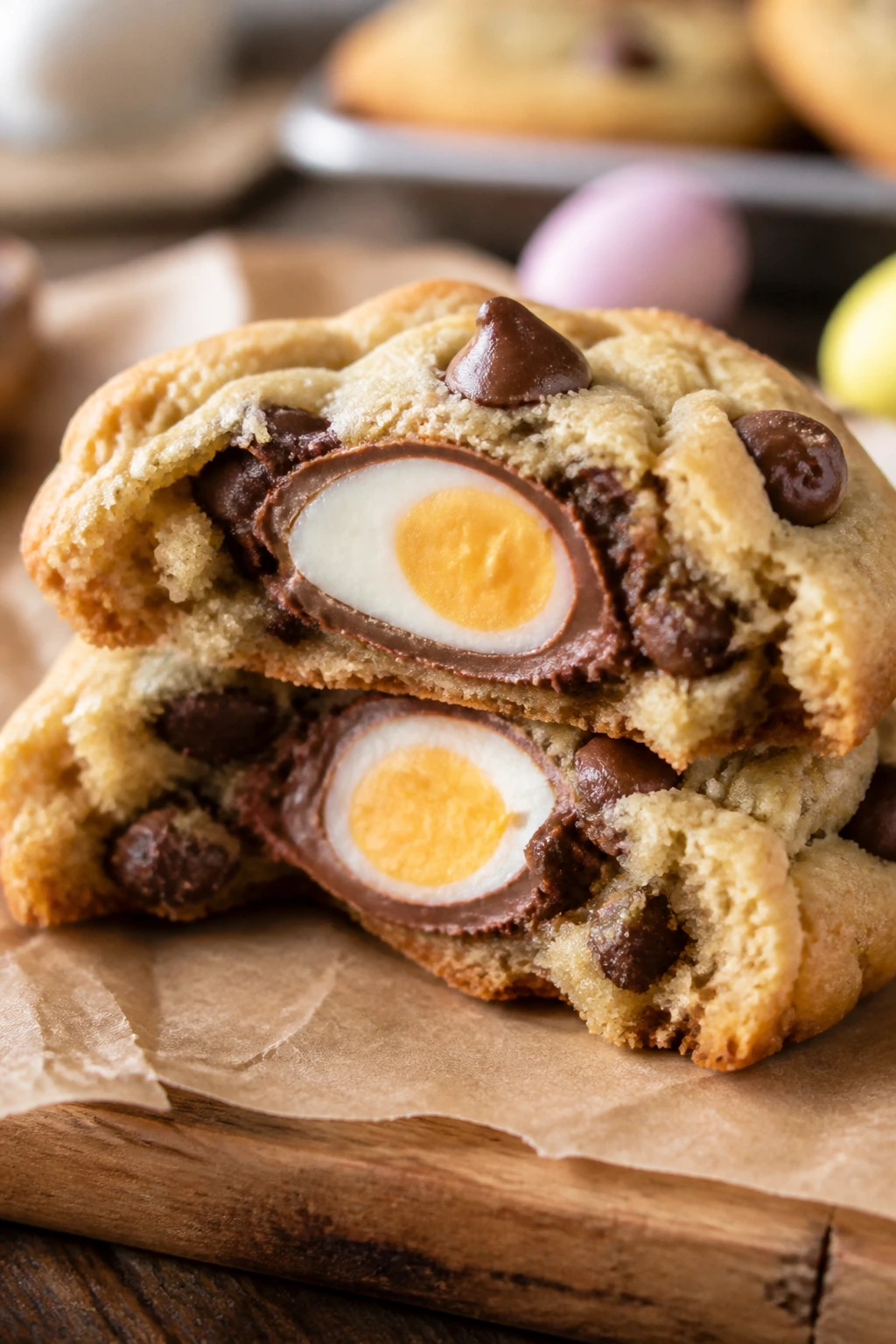 Cross-section of Cadbury egg stuffed chocolate chip cookie on parchment