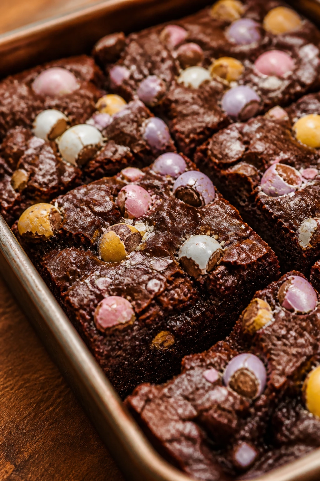 Close-up of fudgy Cadbury Mini Egg brownies with chopped candy and a crackly top