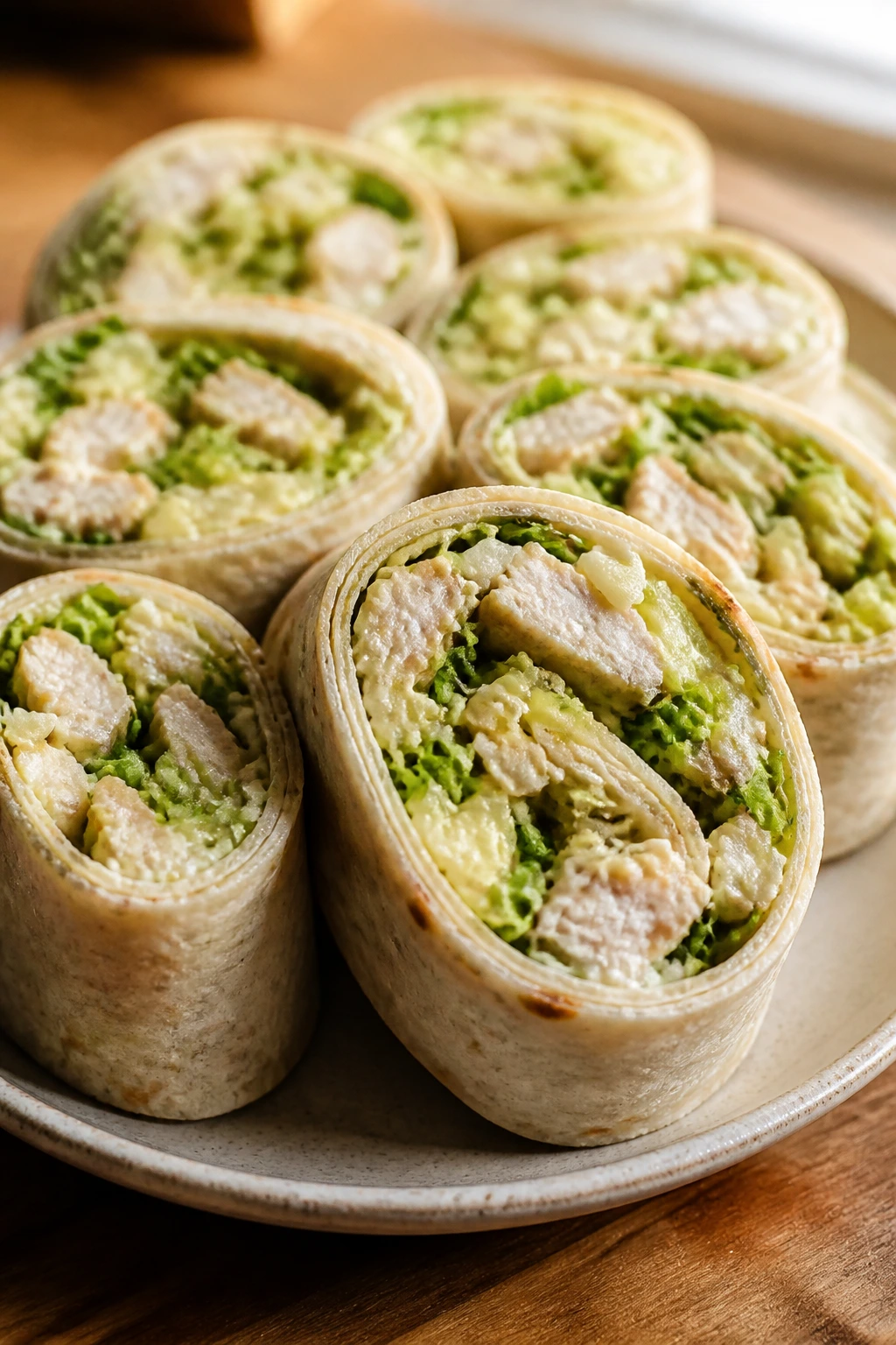Close-up of Caesar chicken wrap pinwheels on a plate
