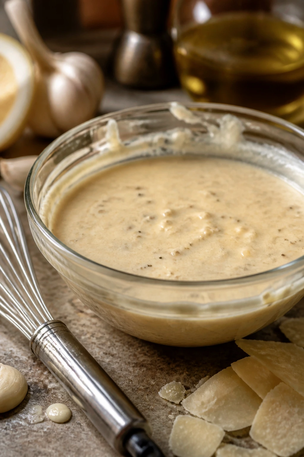 Creamy Caesar dressing in bowl with whisk and Parmesan, demonstrating ingredient depth