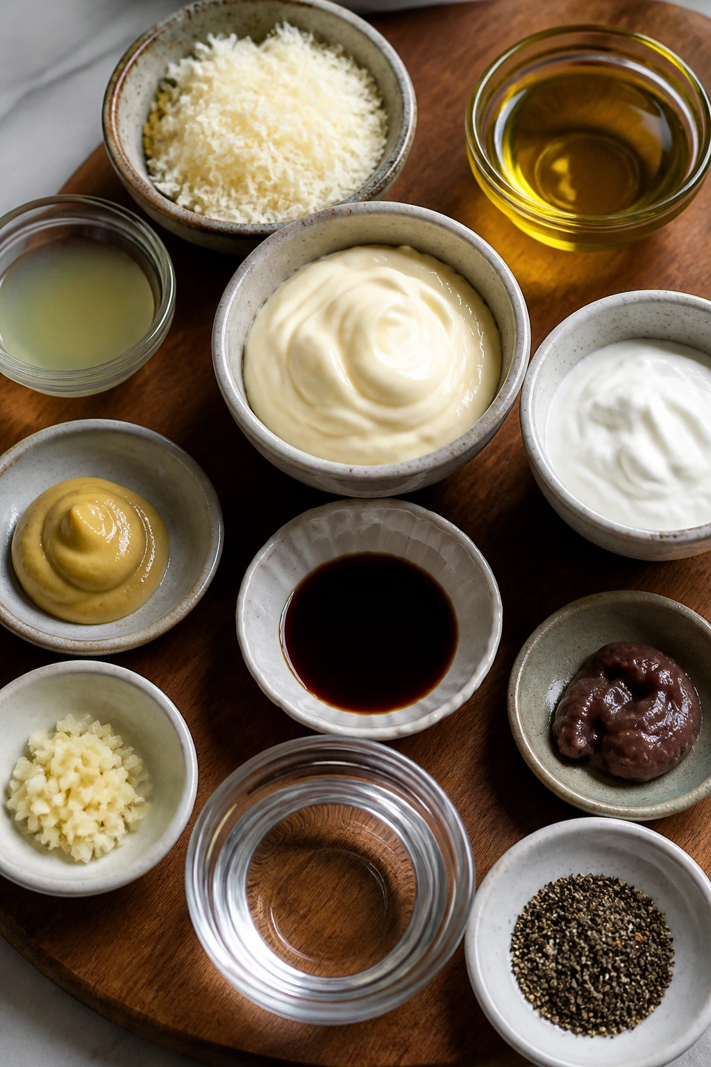 Top-down view of Caesar dressing and chicken ingredients arrayed on a wooden board