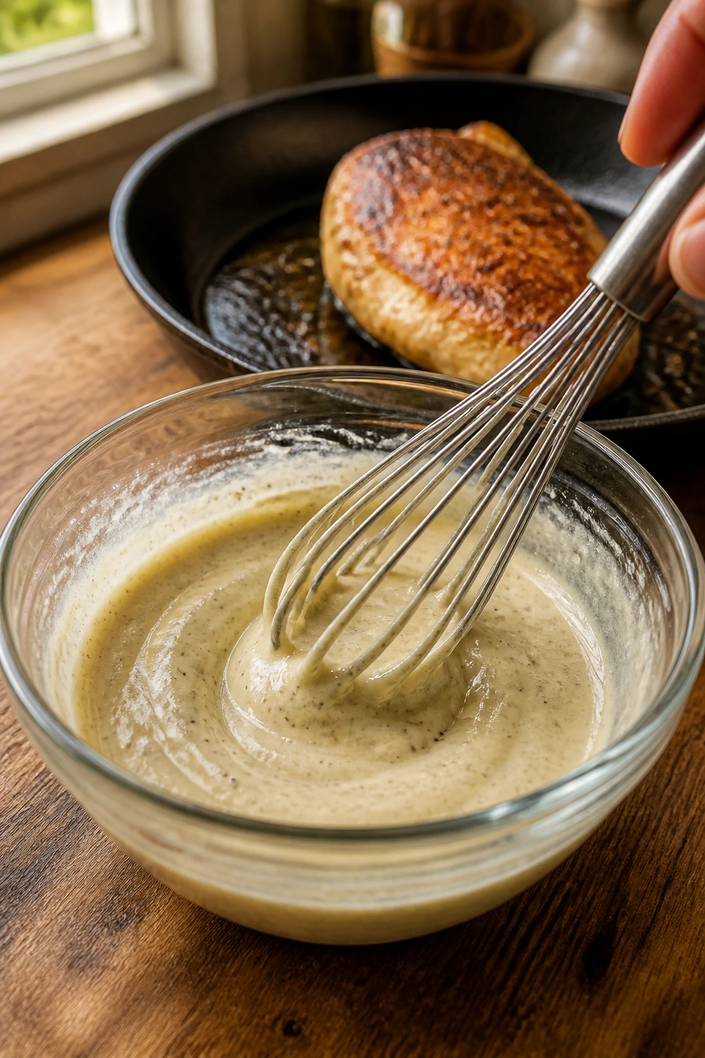 Glossy Caesar dressing whisked in a bowl with seared chicken in the background on a kitchen counter
