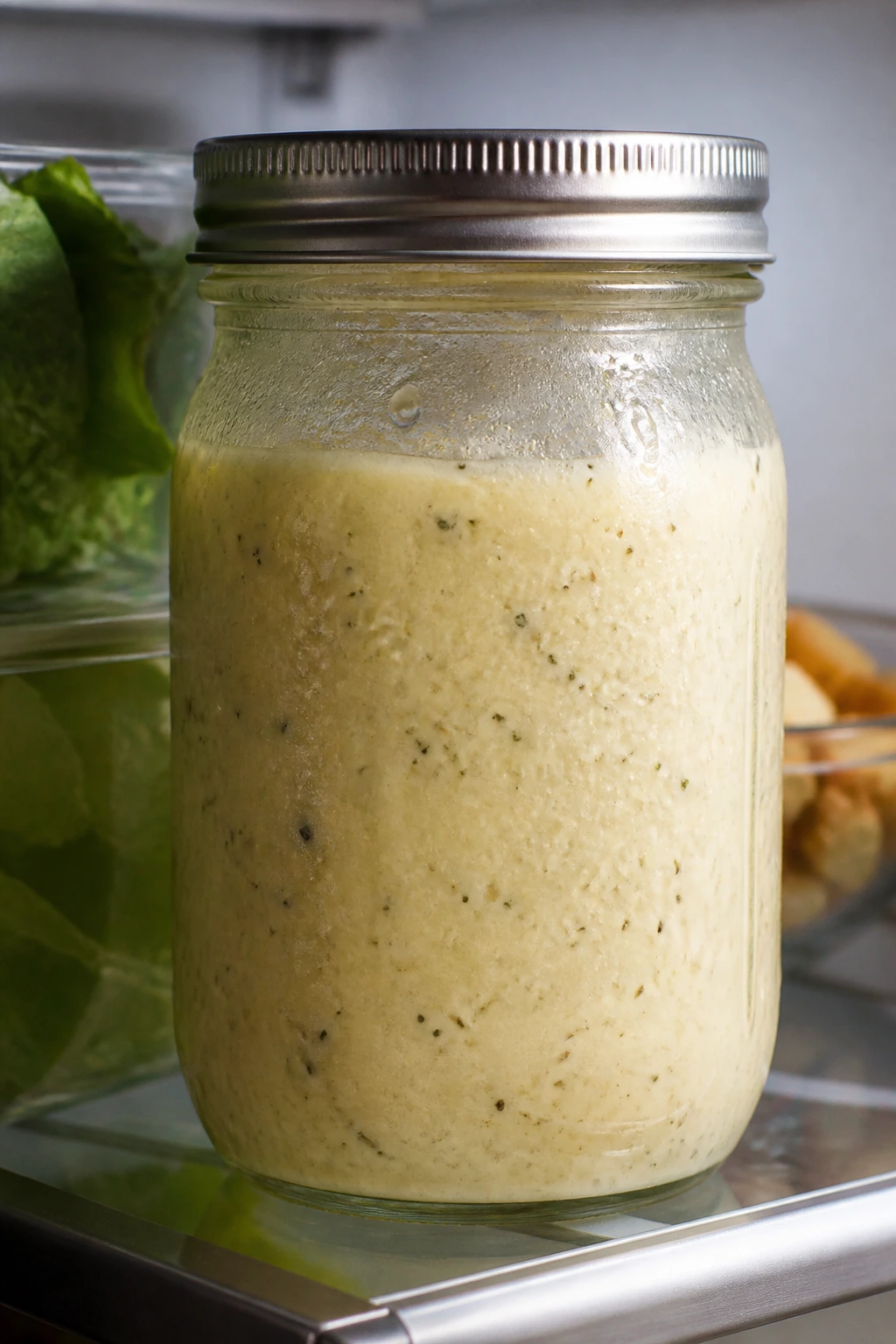 Glass jar of Caesar dressing in fridge