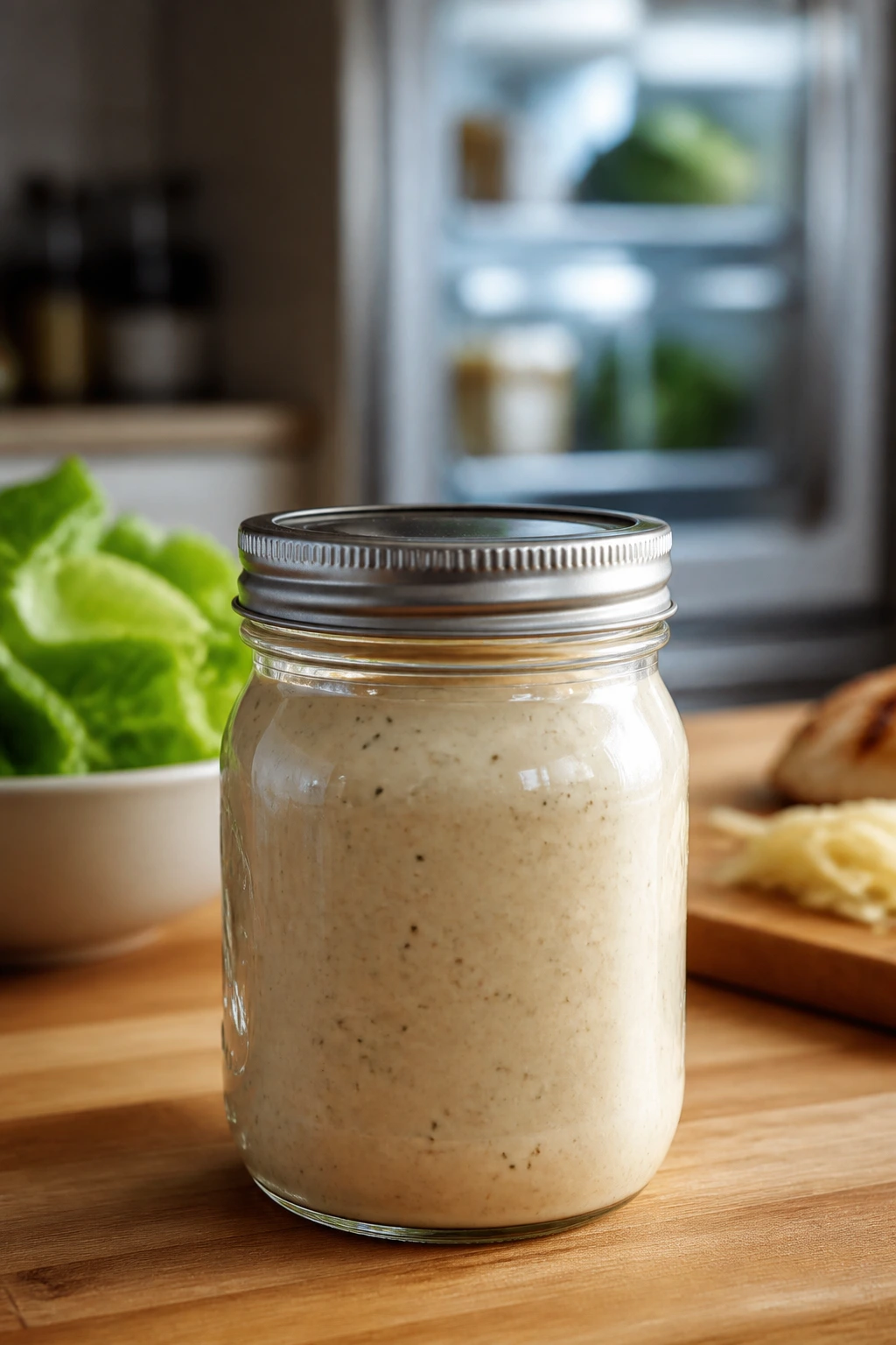 Glass jar of Caesar dressing on a kitchen counter for make-ahead storage
