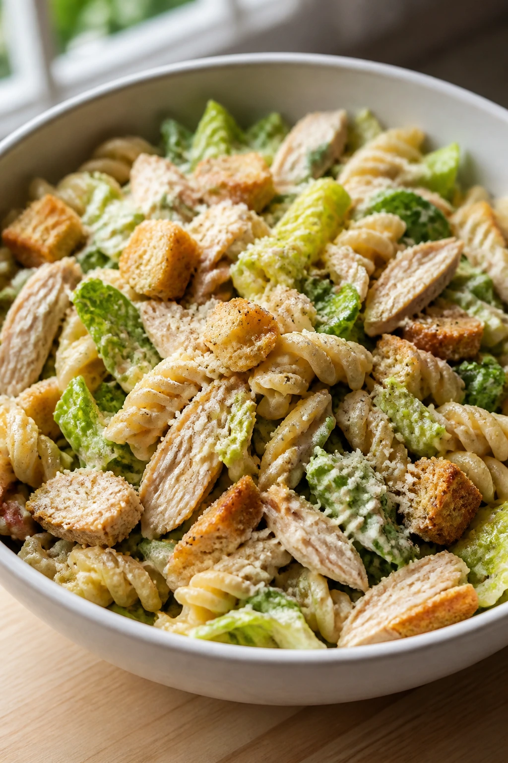 Chicken Caesar pasta salad bowl with romaine and croutons