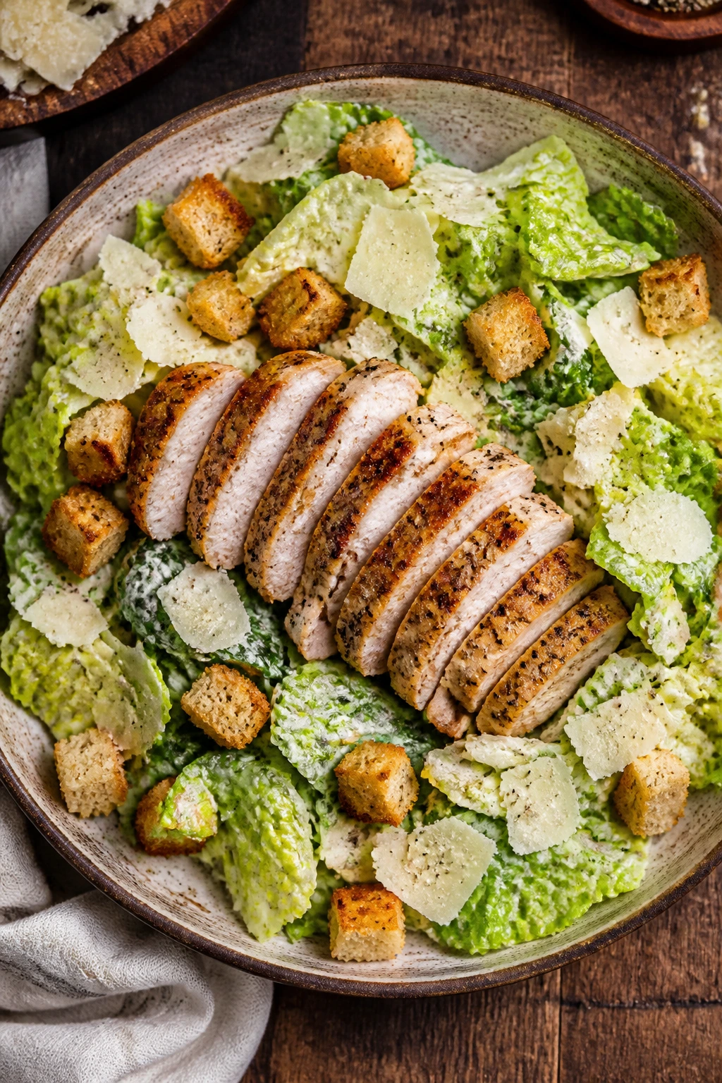 Plate filled with chicken, romaine, croutons, and Parmesan, showing the complete weeknight Caesar